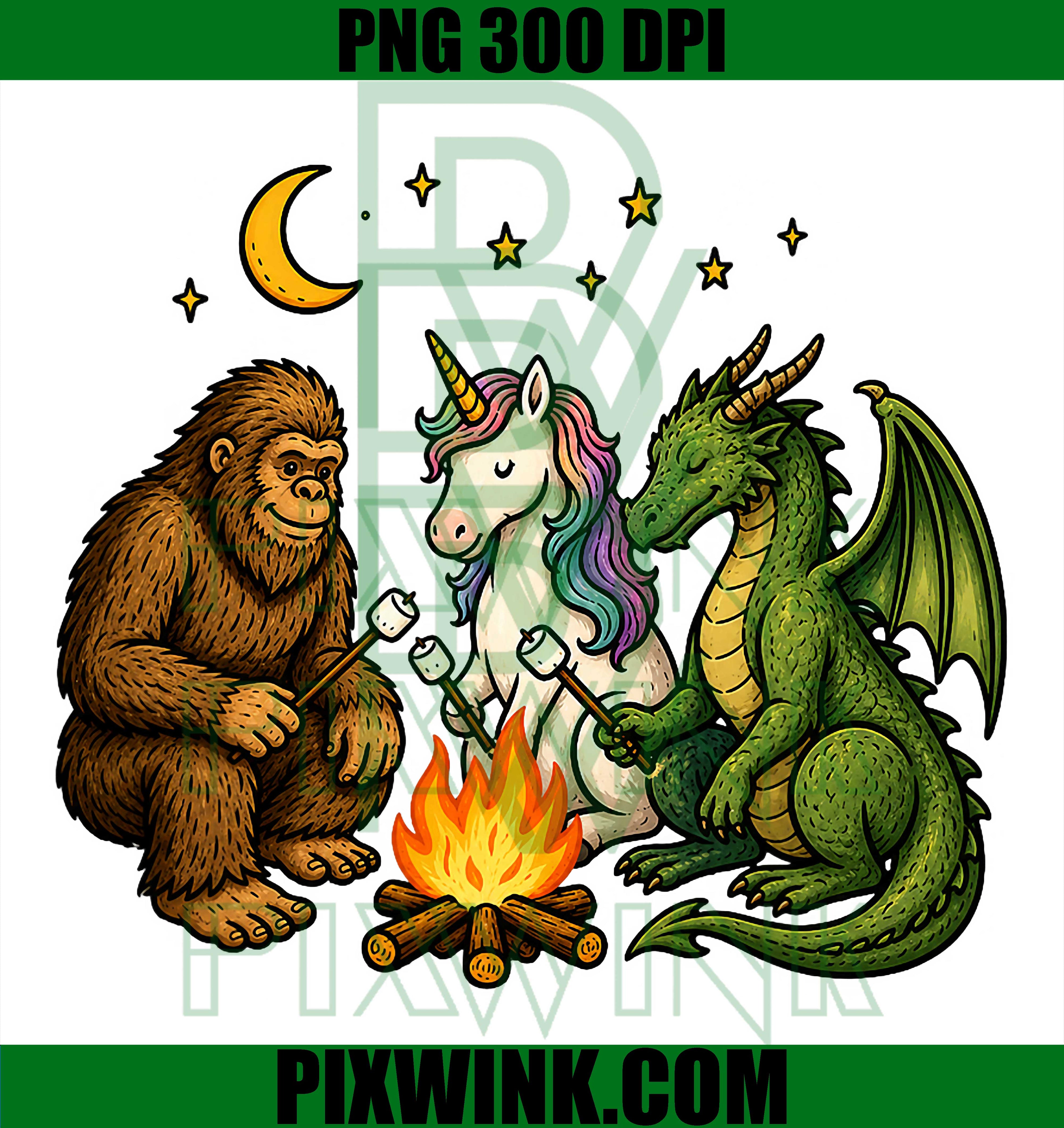 Cute Bigfoot Unicorn Dragon PNG, Campfire Camping Myth PNG