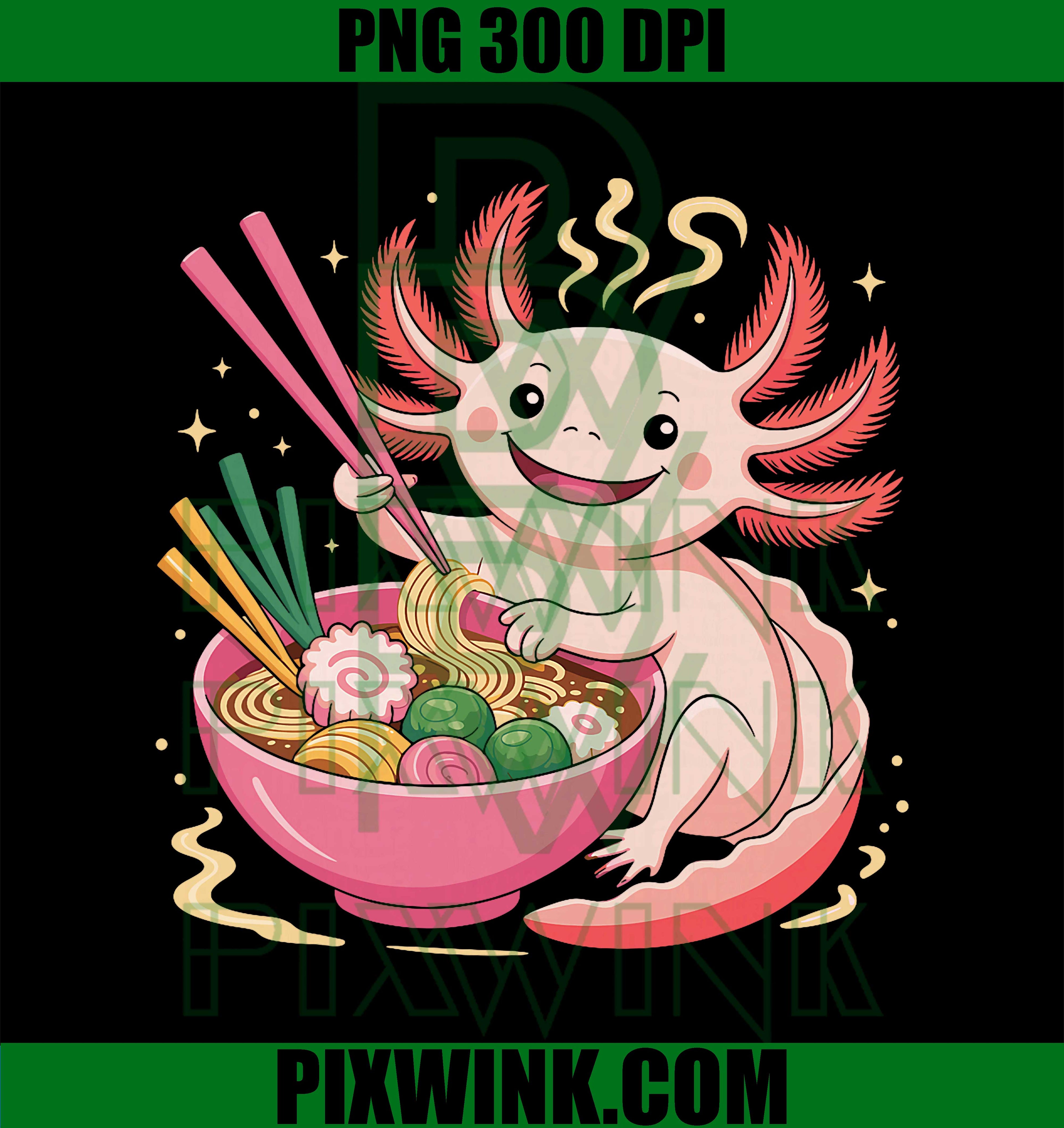 Cute Axolotl Eats Ramen Noodles, Axolotls Kawaii Graphic Art PNG