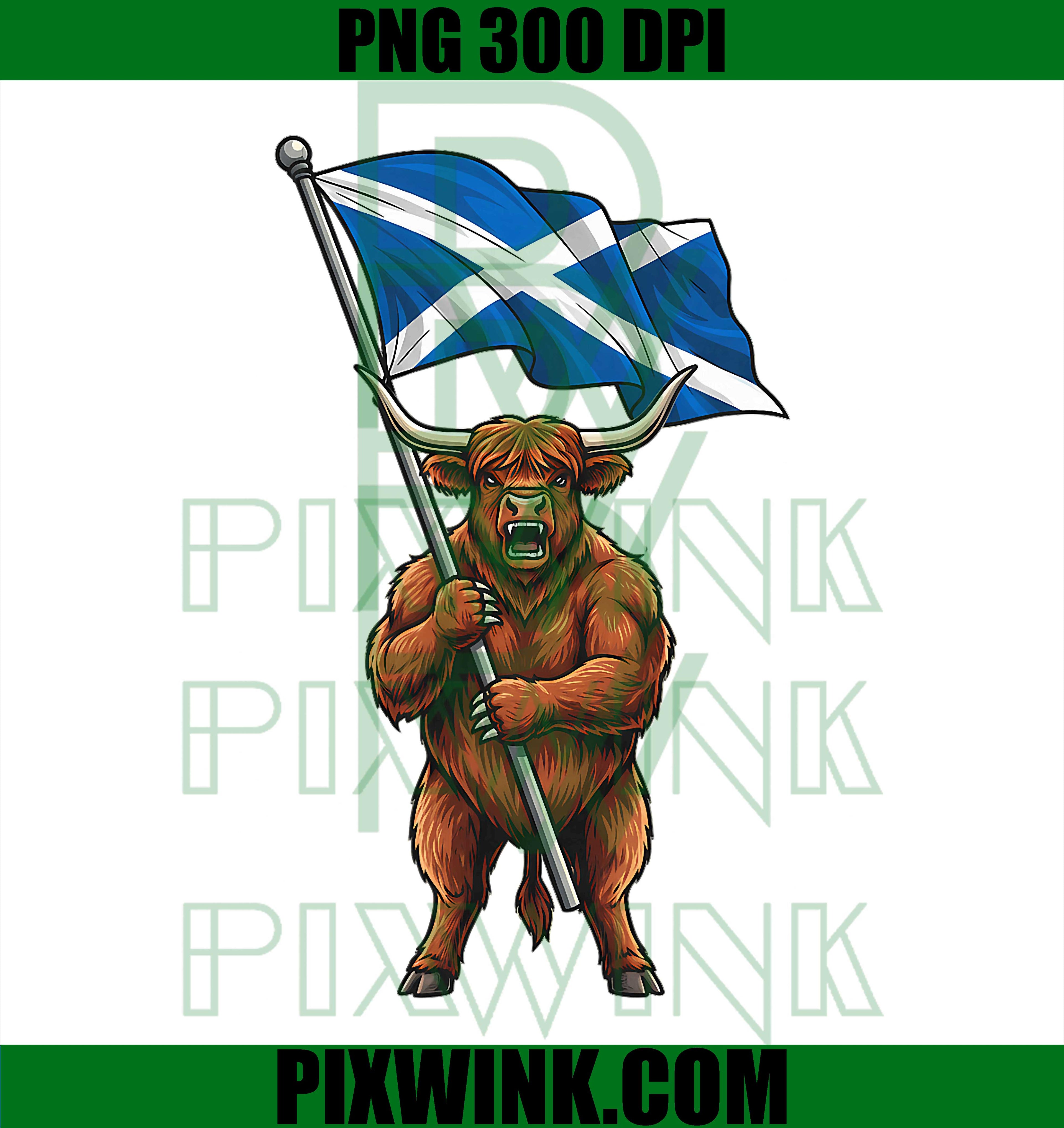 Scottish Highlander Cow PNG, Scotland Flag Highland Cow Graphic PNG