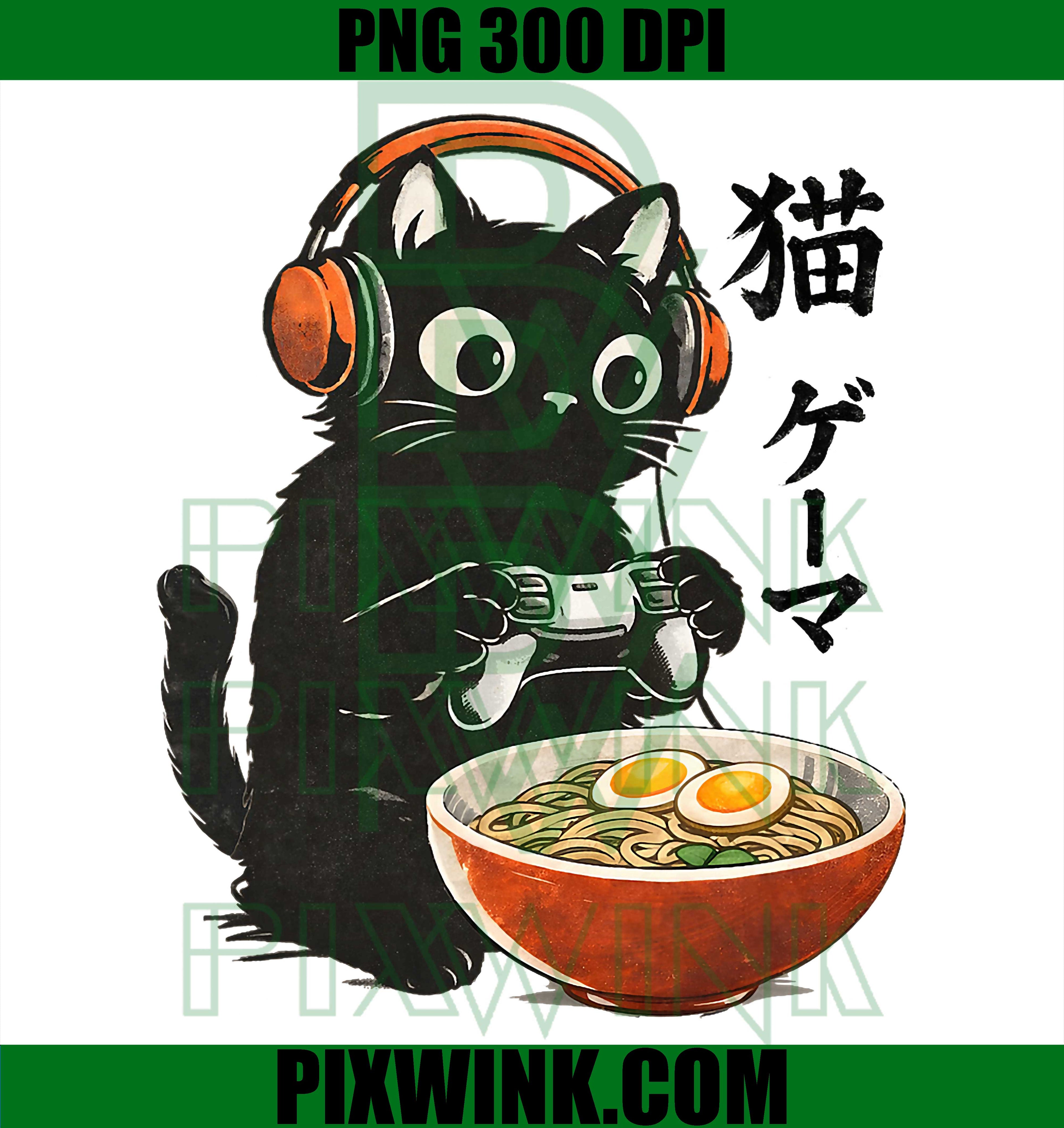 Kawaii Gaming Cat PNG, Retro Ramen Gamer PNG Japanese Cute Design