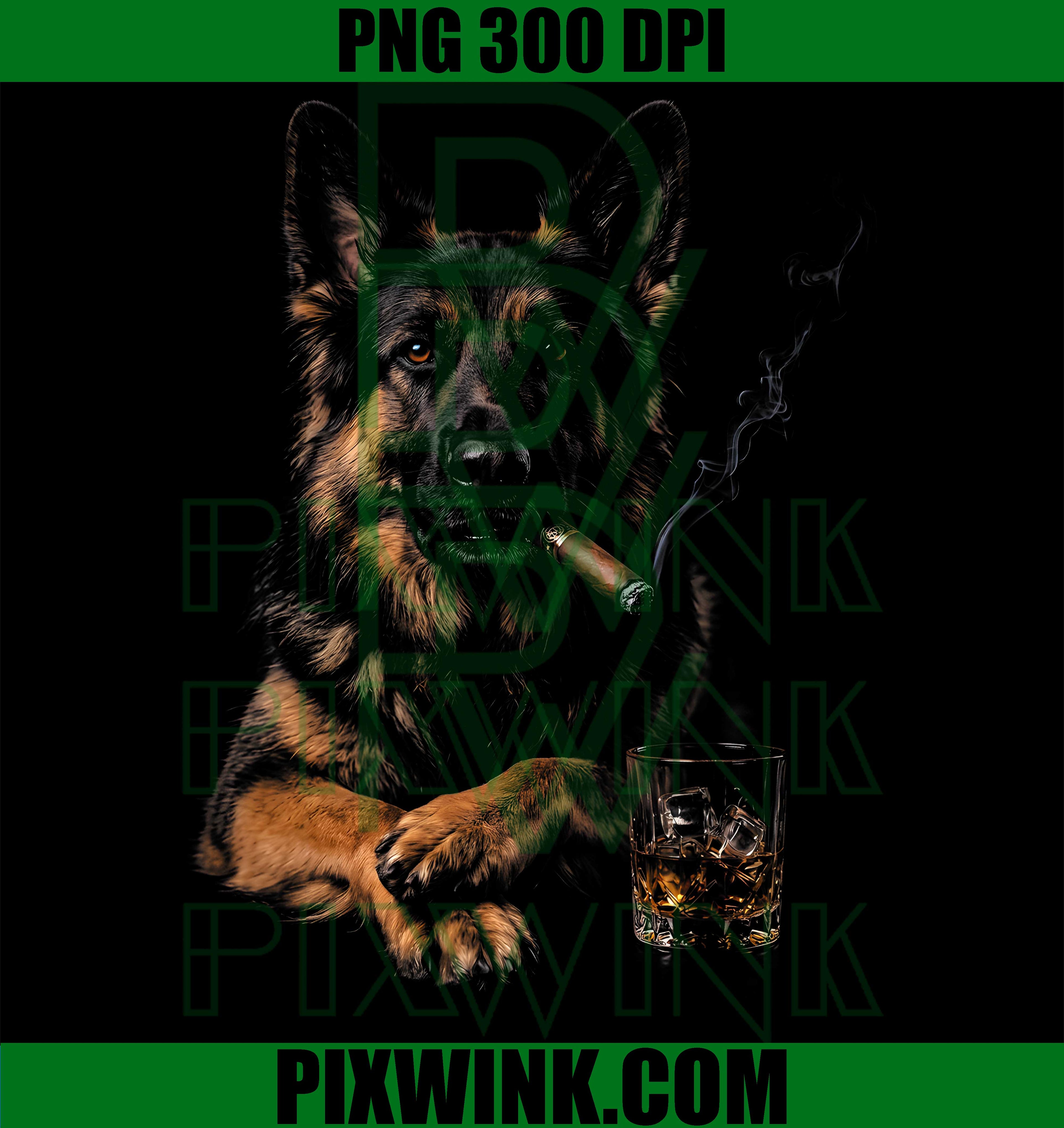 German Shepherd Dog Smoking Cigarette PNG, Whisky Lover Funny Dog Graphic PNG