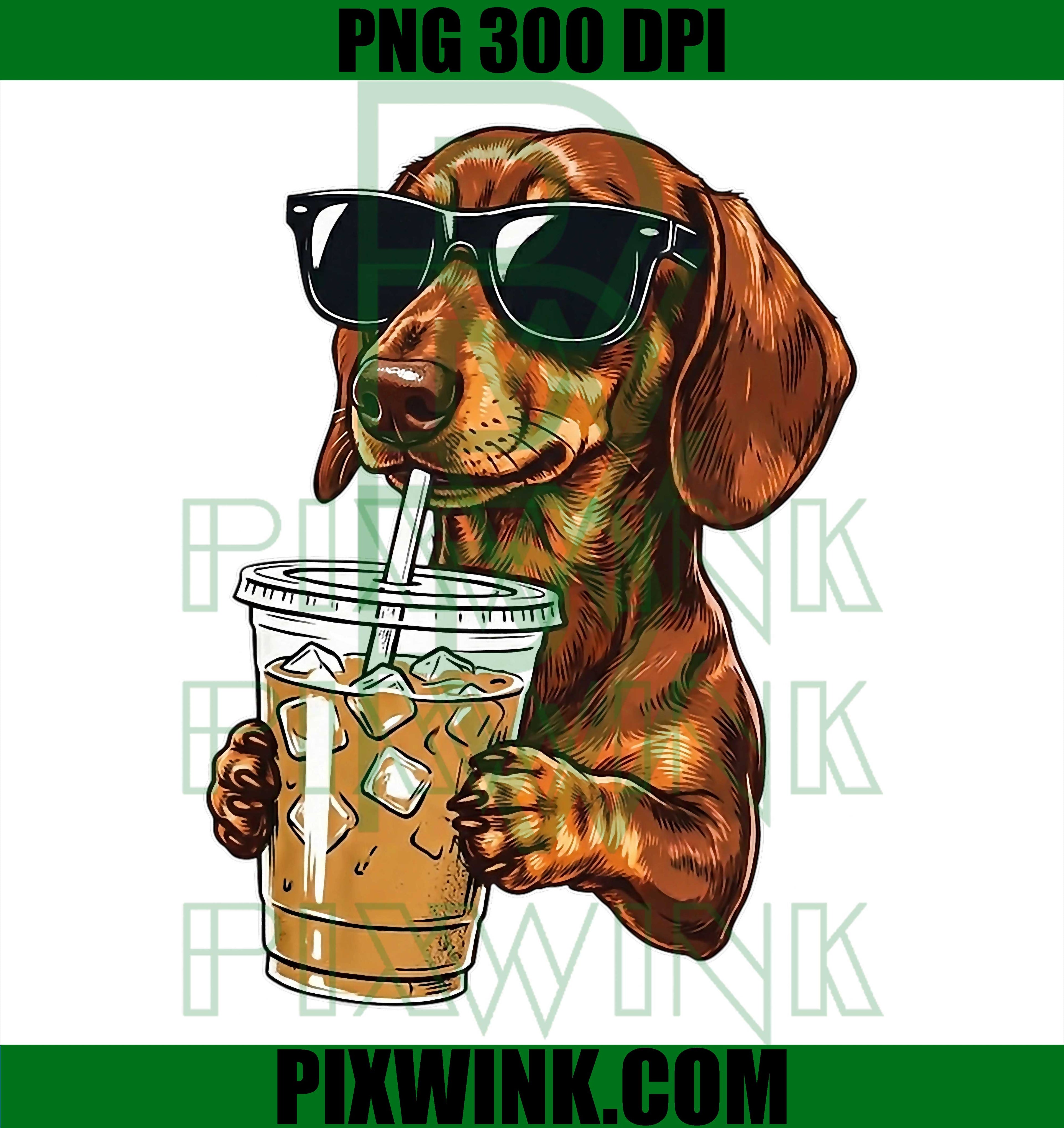 Funny Dachshund Drinking Iced Coffee PNG, Wiener Dog Coffee Humor Graphic PNG