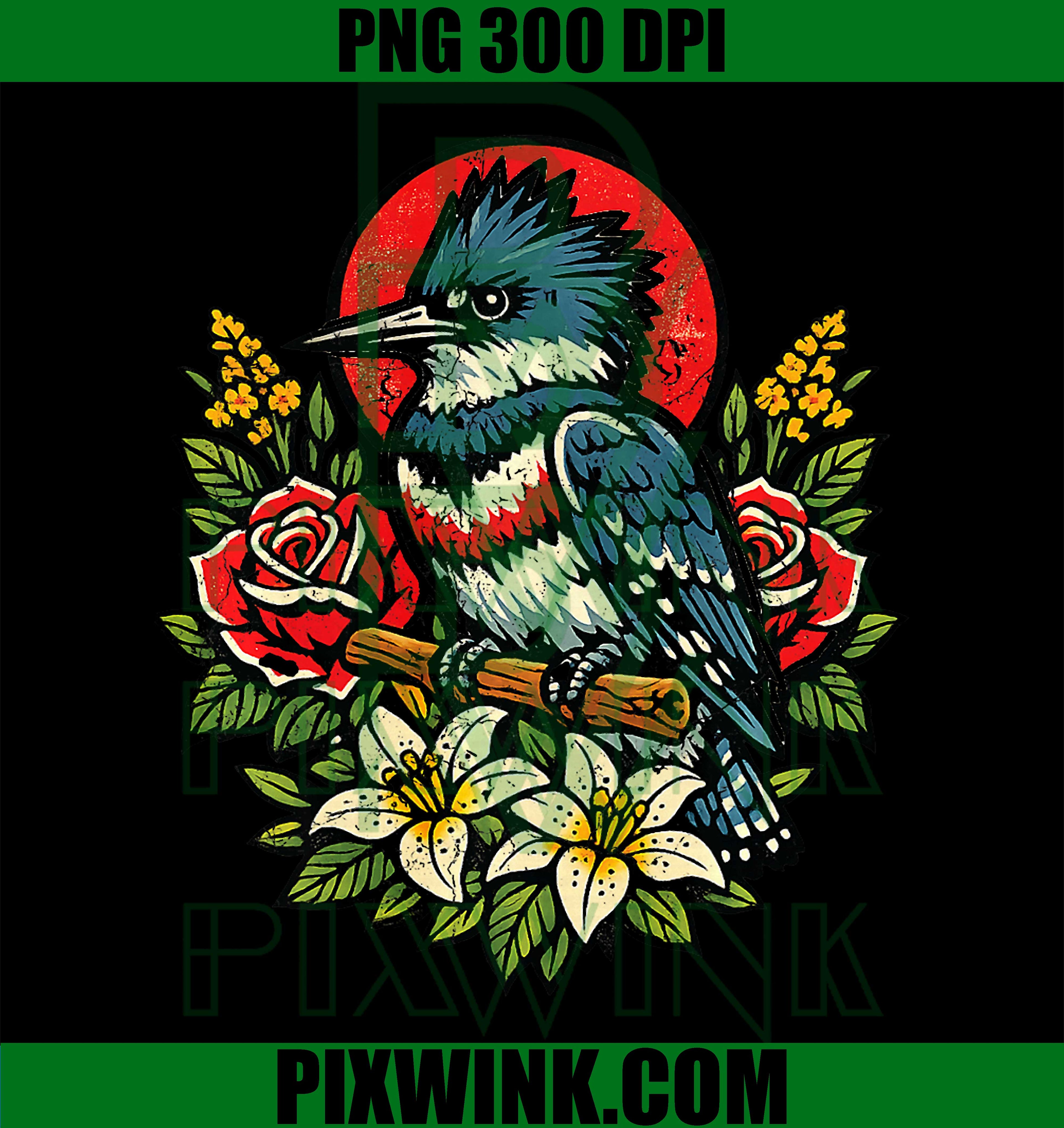 Belted Kingfisher PNG, Tattoo Style Bird PNG, Birdwatching Design PNG