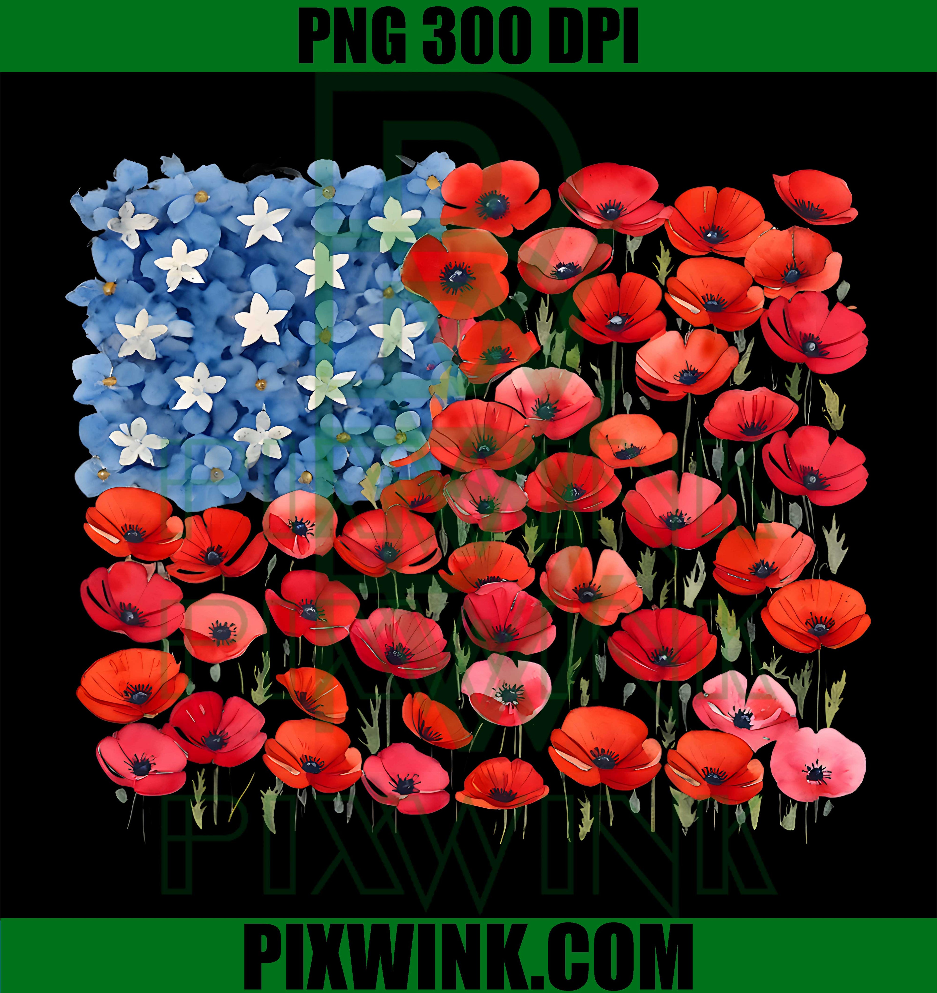 Red Poppy Flower Memorial Day Flag PNG, American Poppies Tribute Design PNG