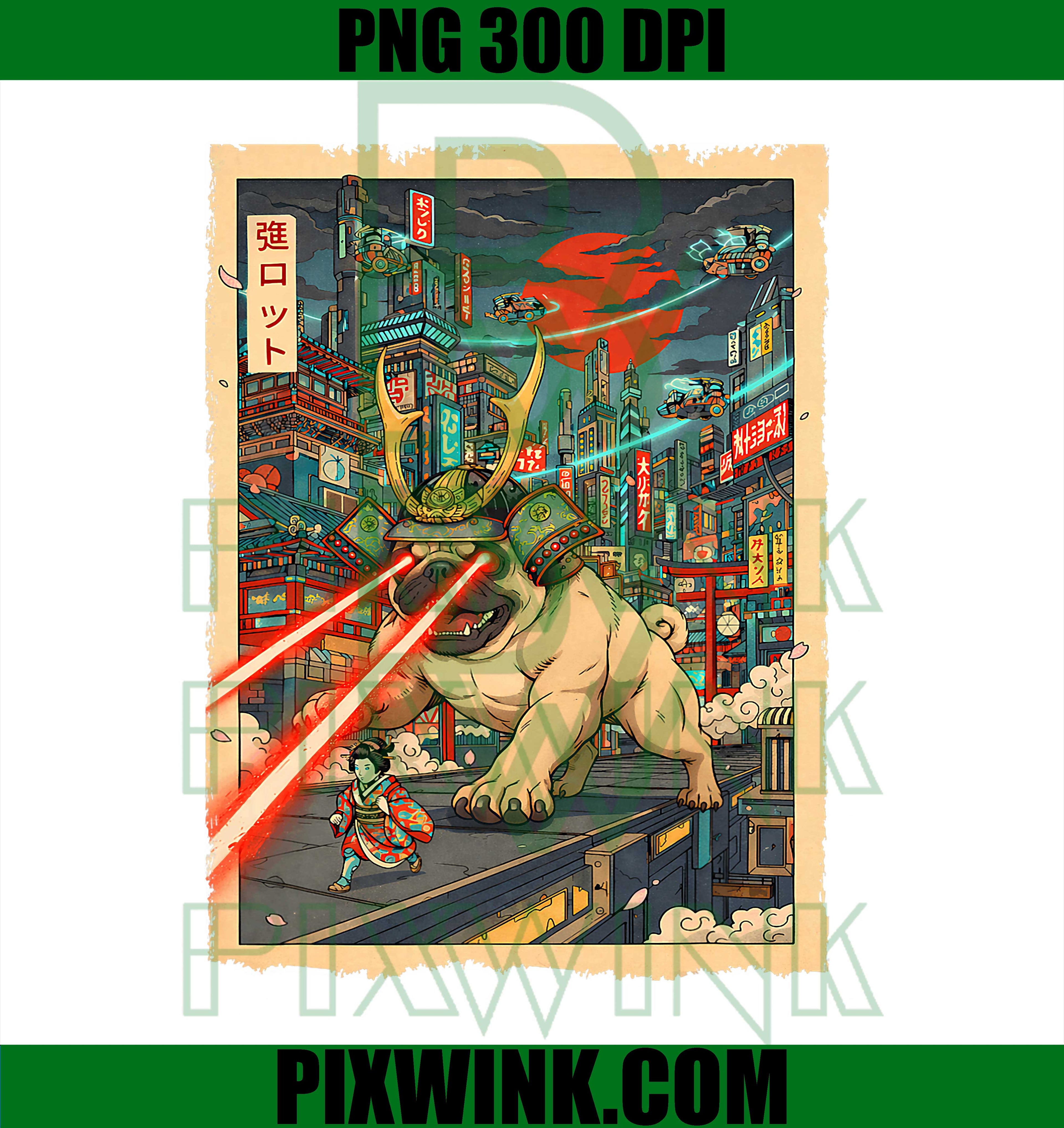 Samurai Pug Kaiju PNG, Cyberpunk Laser Eyes Japanese Art Design PNG