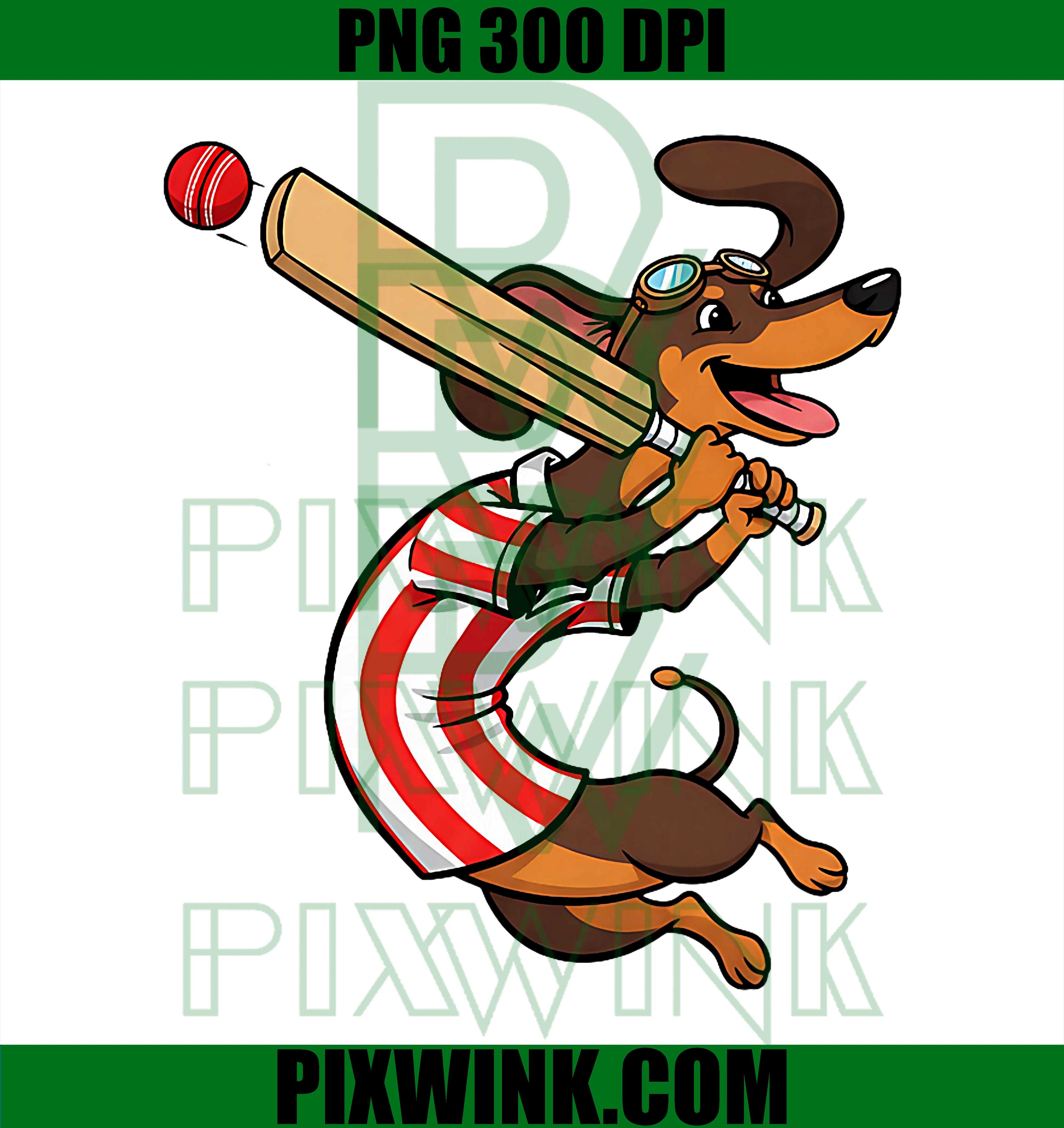 Funny Cricket Sausage Dog Batsman PNG, Dachshund Cricket Player PNG, Wiener Dog Cricket Batsman PNG