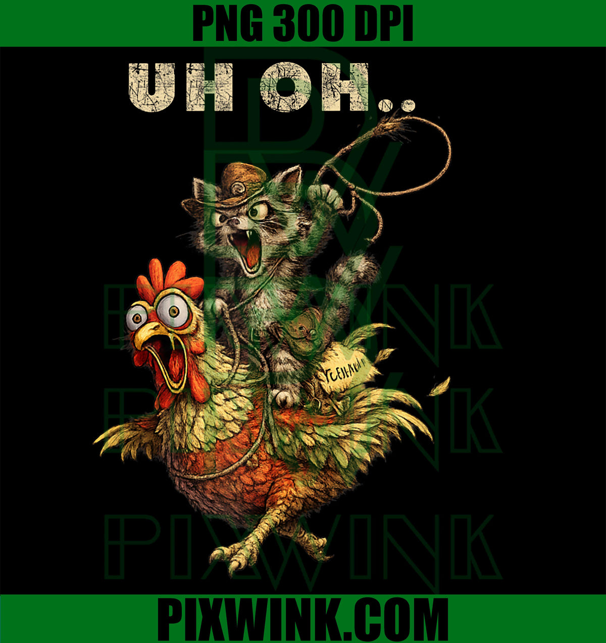 Uh Oh Cat Riding a Chicken Funny, Western Cartoon PNG, Cowcat PNG
