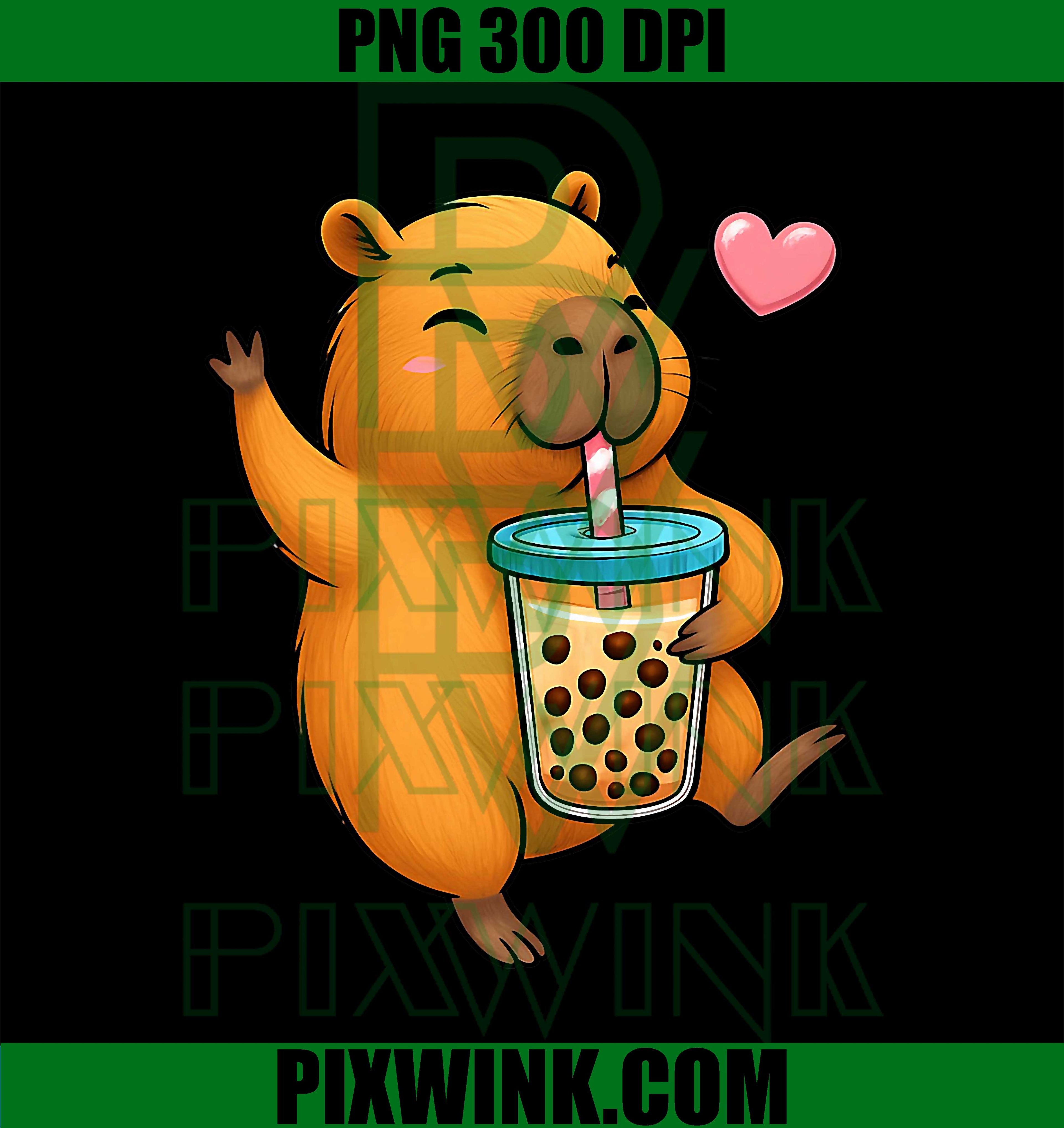 Cute Capybara Drinking Boba Bubble Tea Design PNG