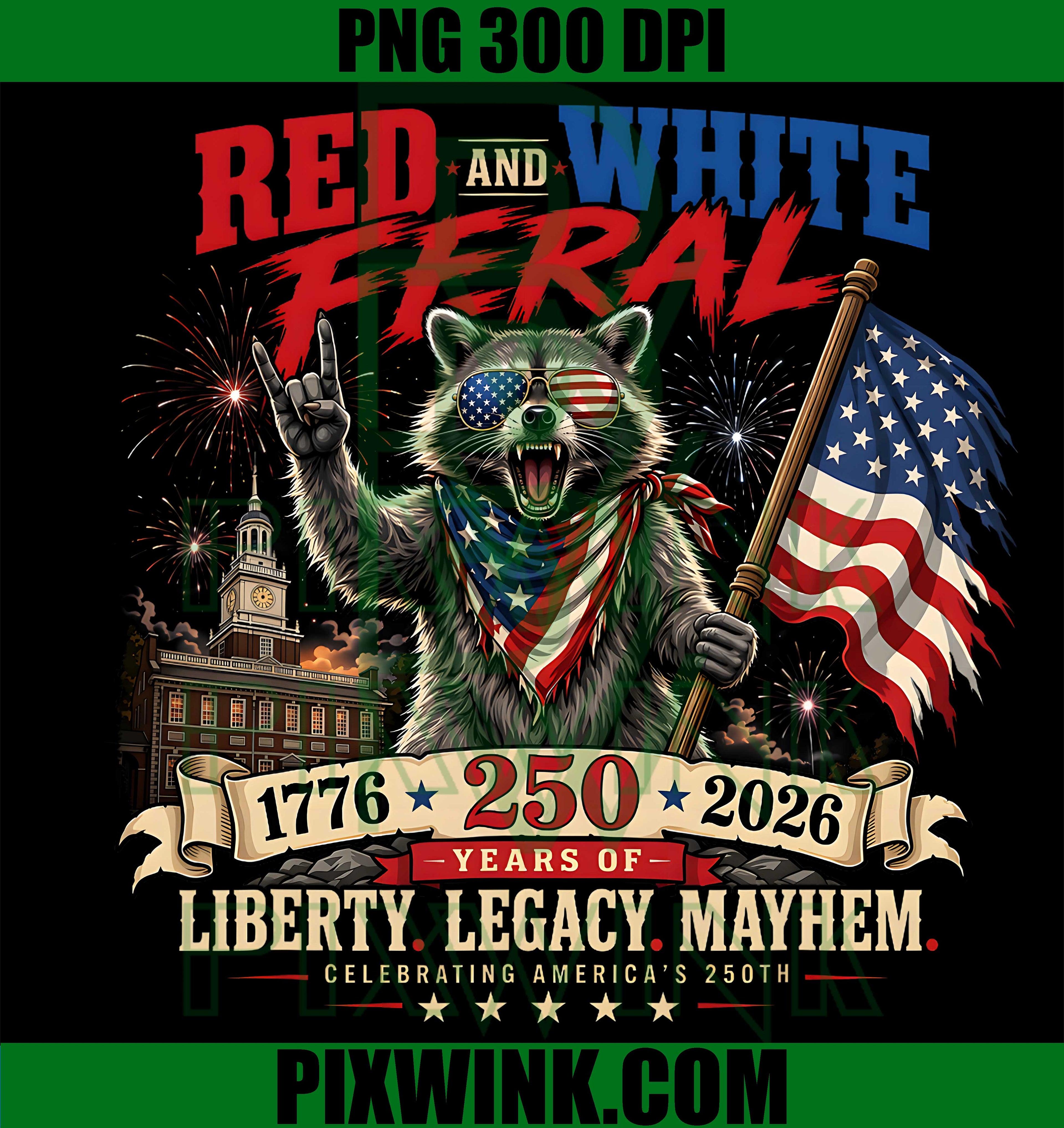 Red White Feral Raccoon PNG, America 250th Independence Day PNG