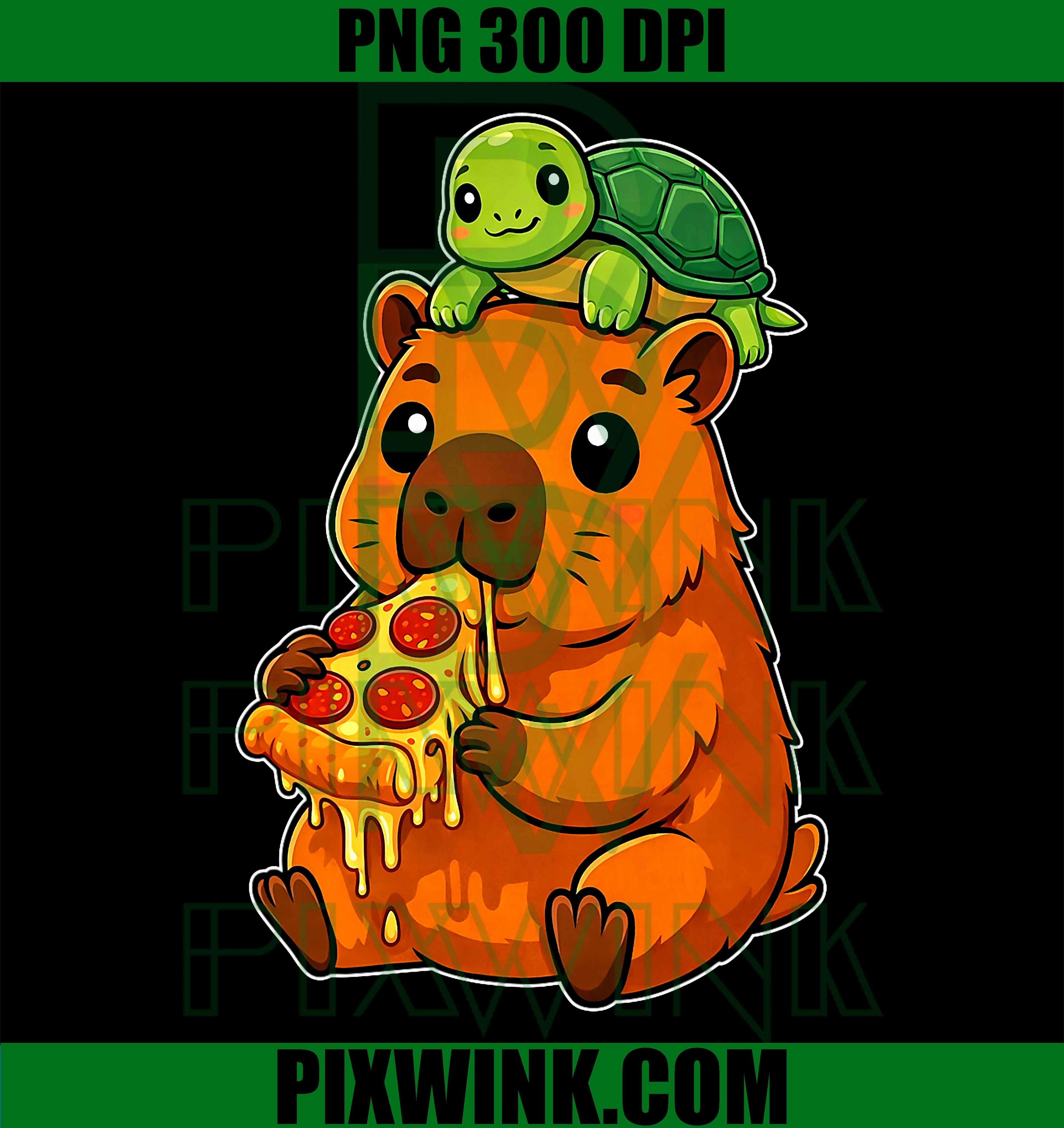 Funny Cute Capybara Eating Pizza PNG, Capybara And Turtle Anime PNG