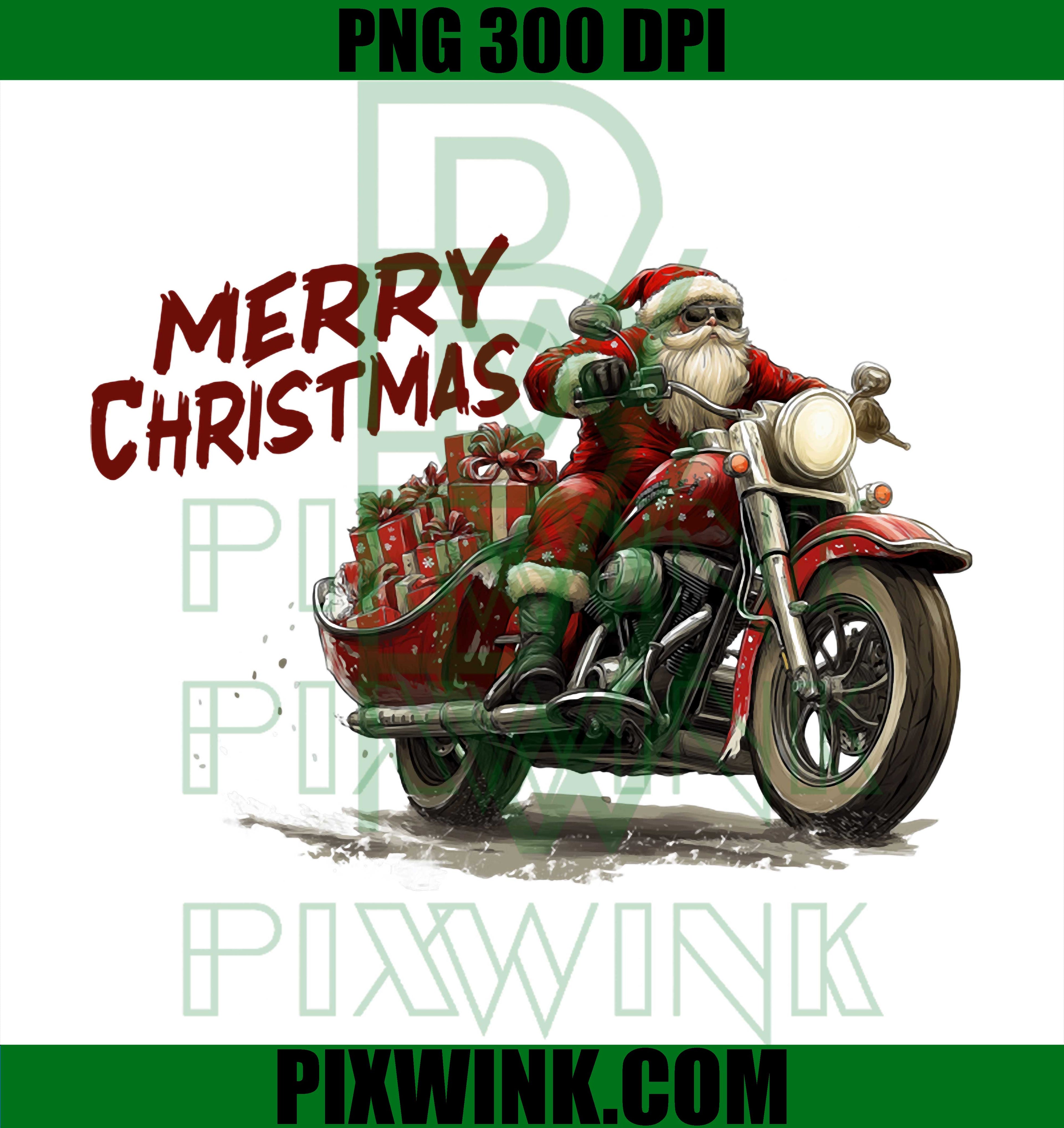 Merry Christmas Santa Riding on a vintage motorcycle bike PNG