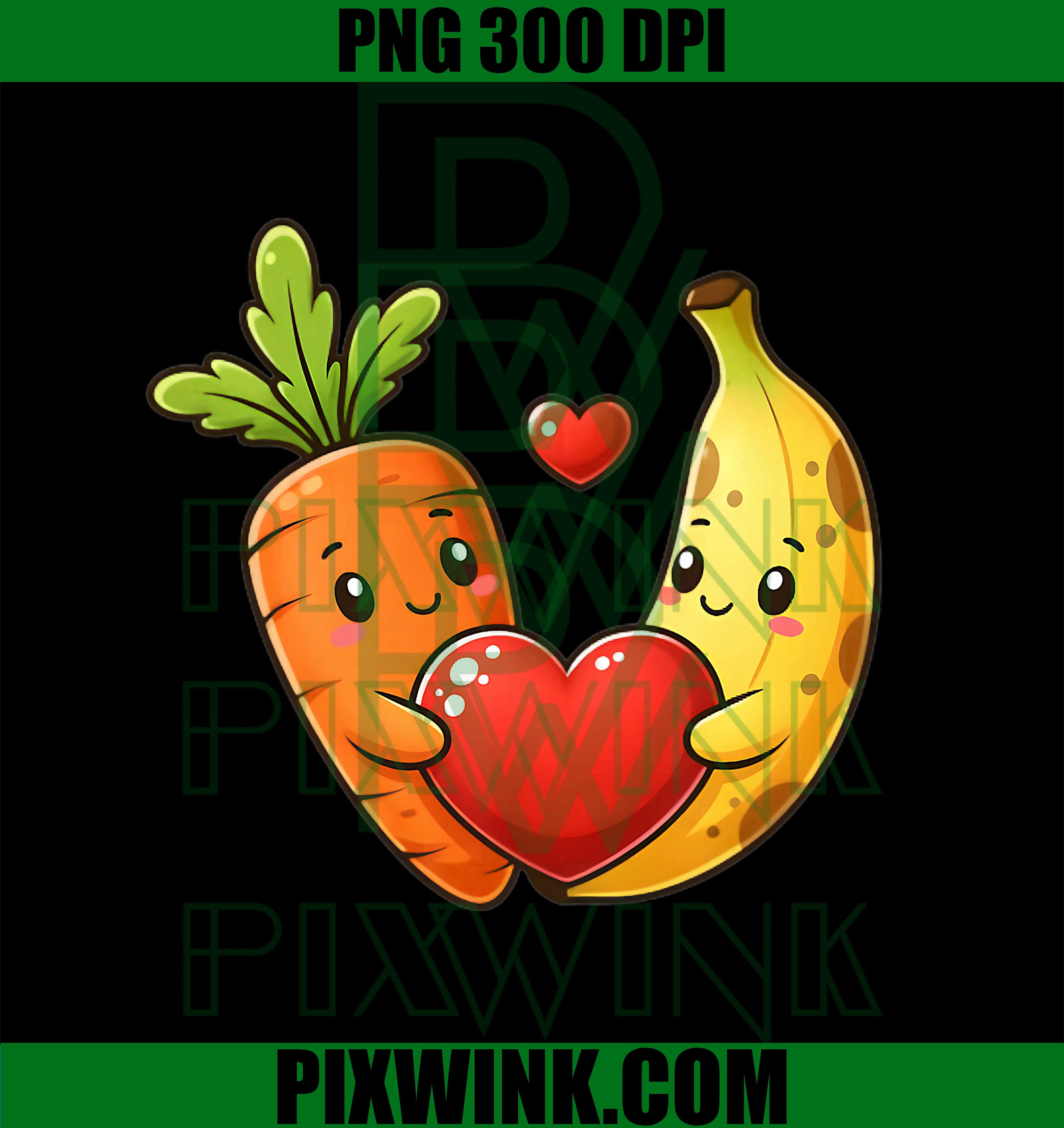 Cute Carrot and Banana Vegan Valentine Couple PNG