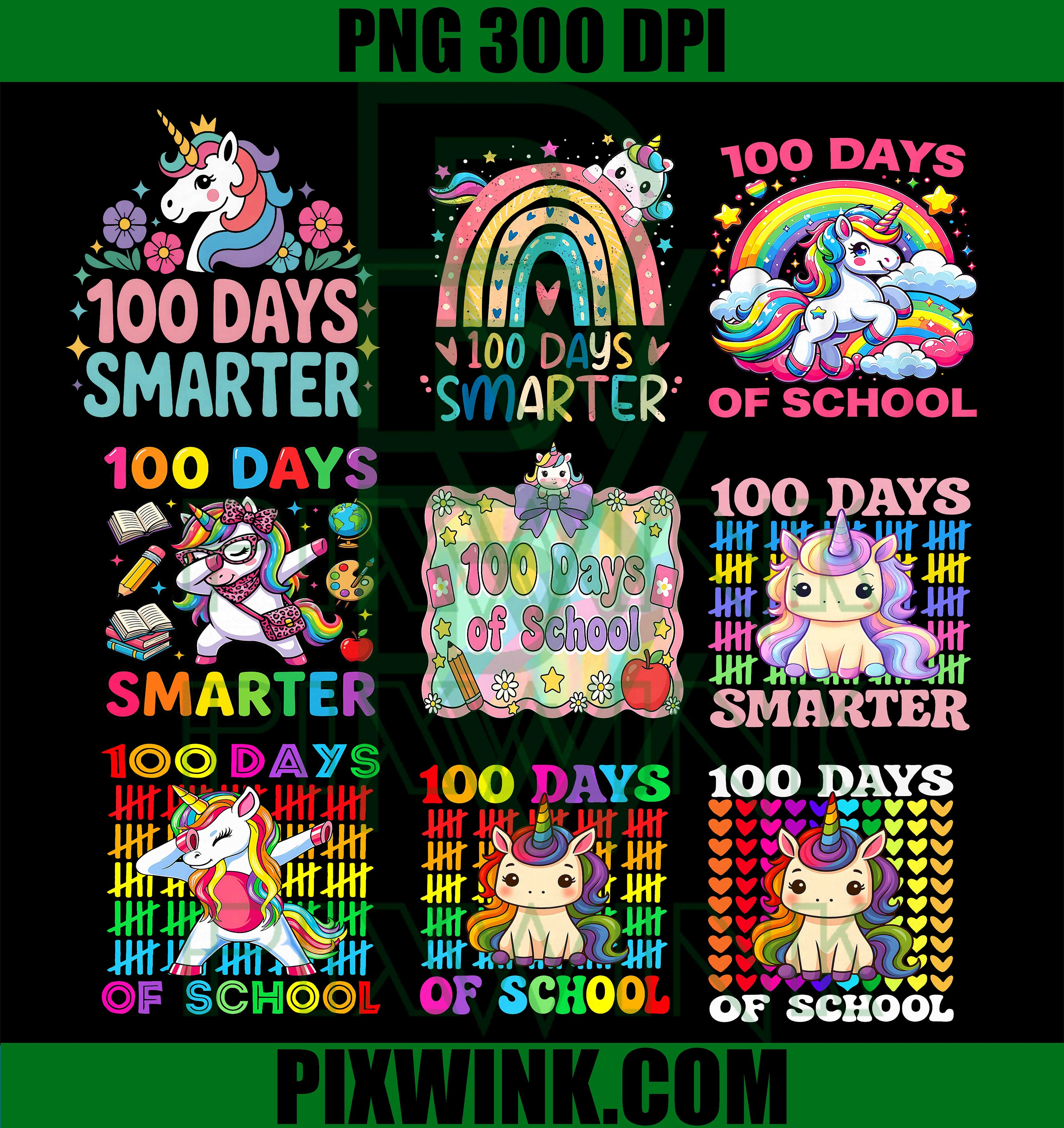 100 Days of School Unicorn PNG Bundle, Cute Kids Design PNG