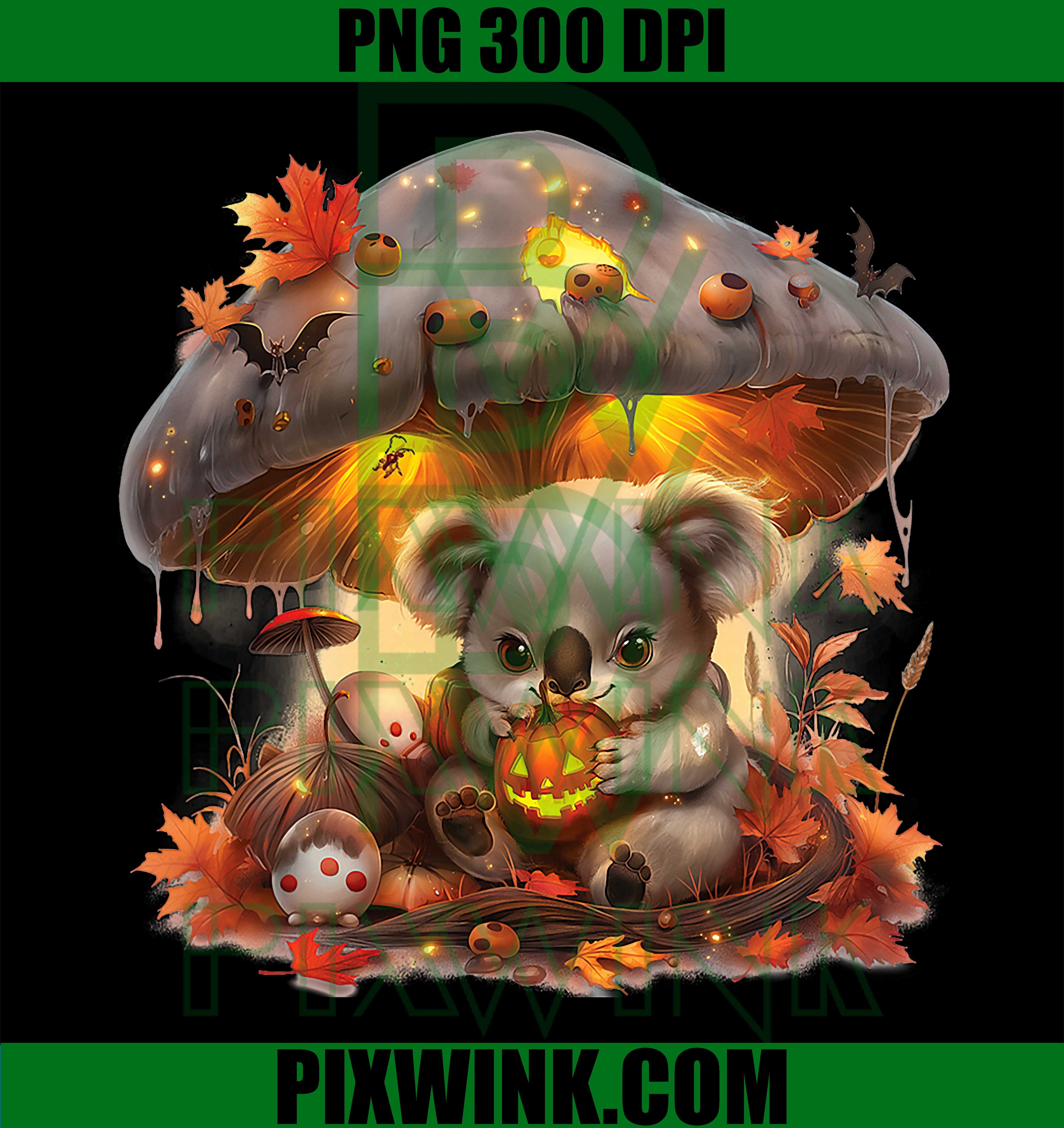 Baby Koala Under Mushroom with Pumpkins PNG