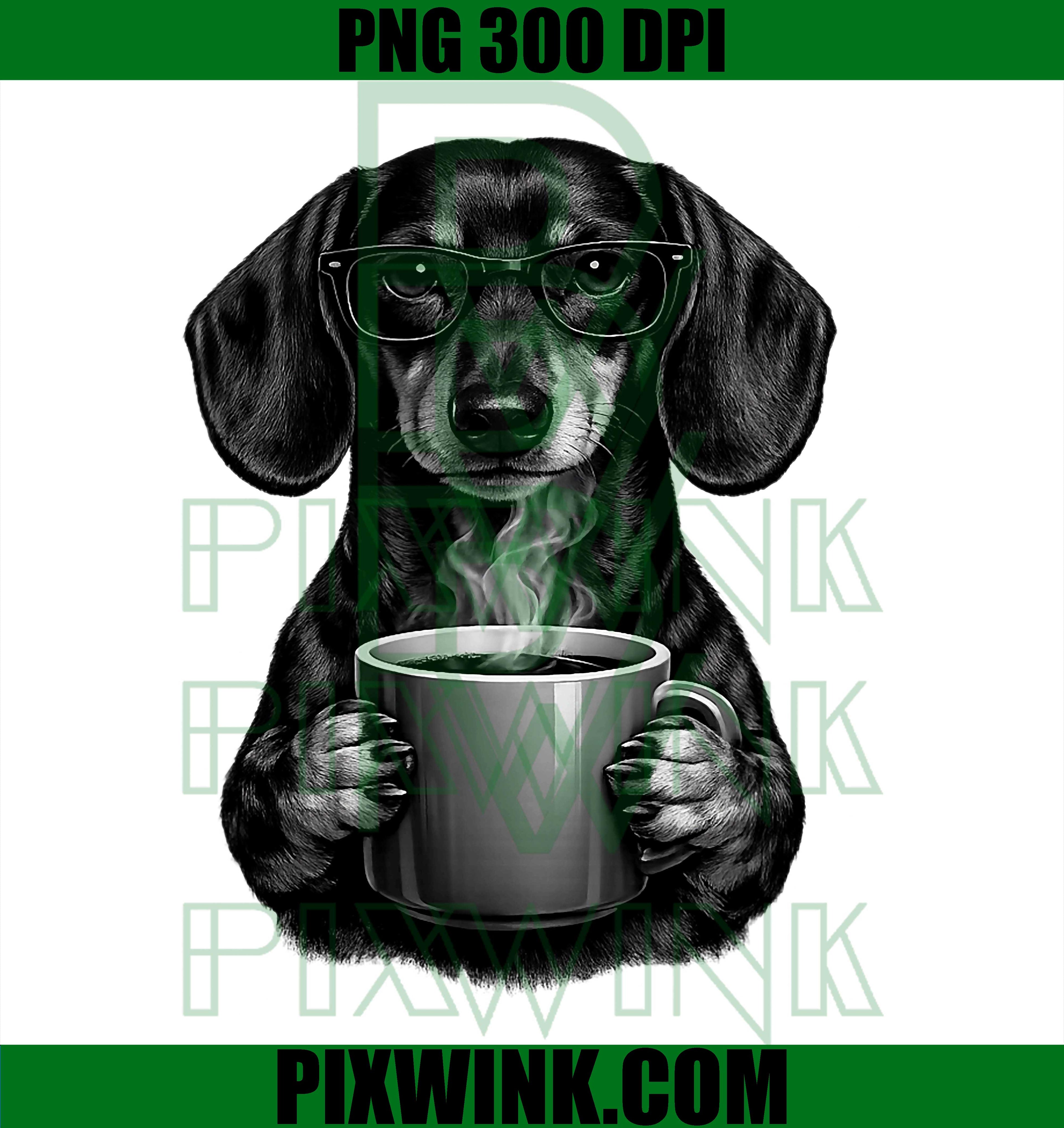 Funny Dachshund Coffee Lover Dog PNG,Smart Wiener Dog With Glasses PNG