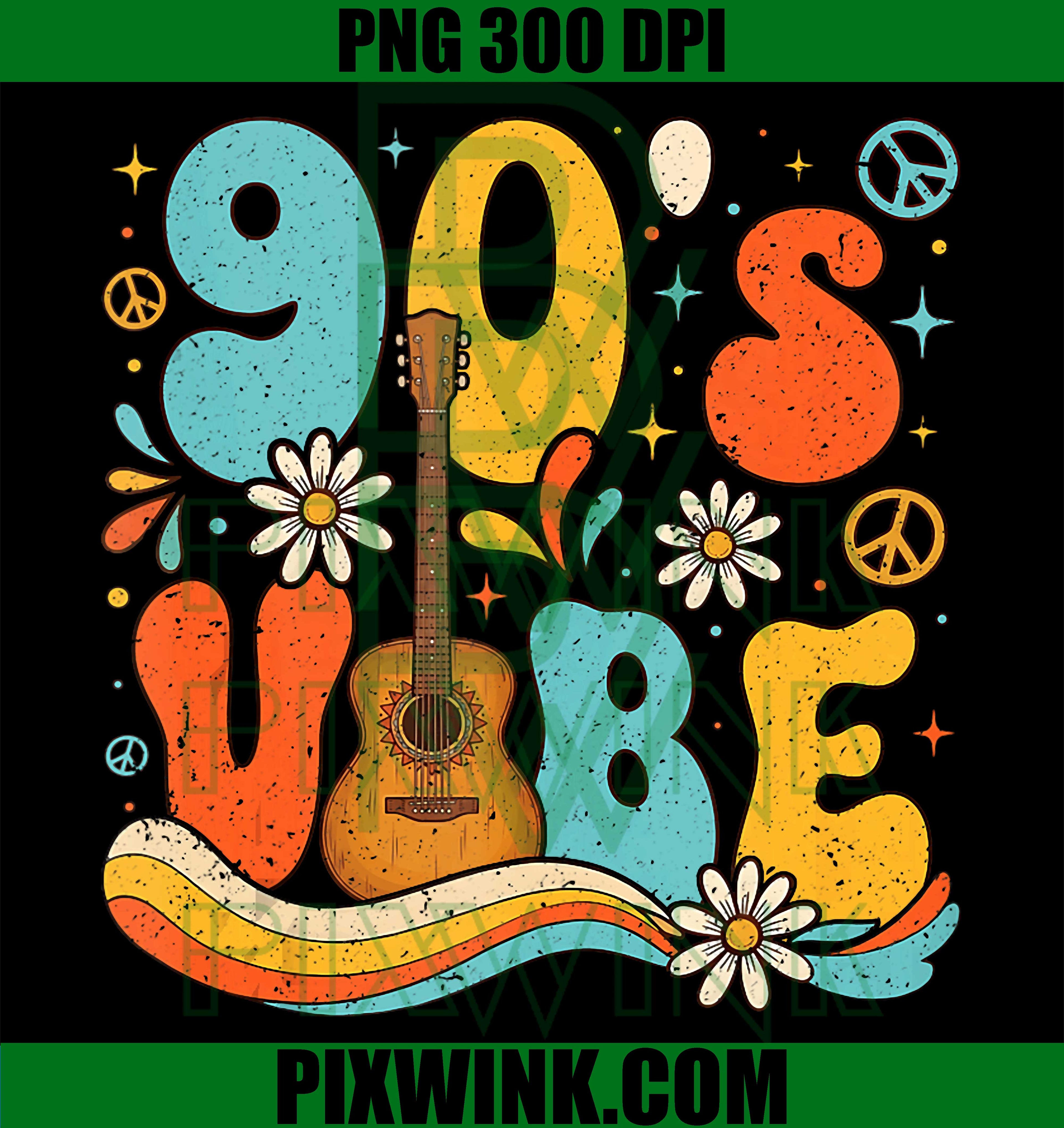Groovy 90s Vibes PNG, Retro Hippie Guitar Peace Flower PNG