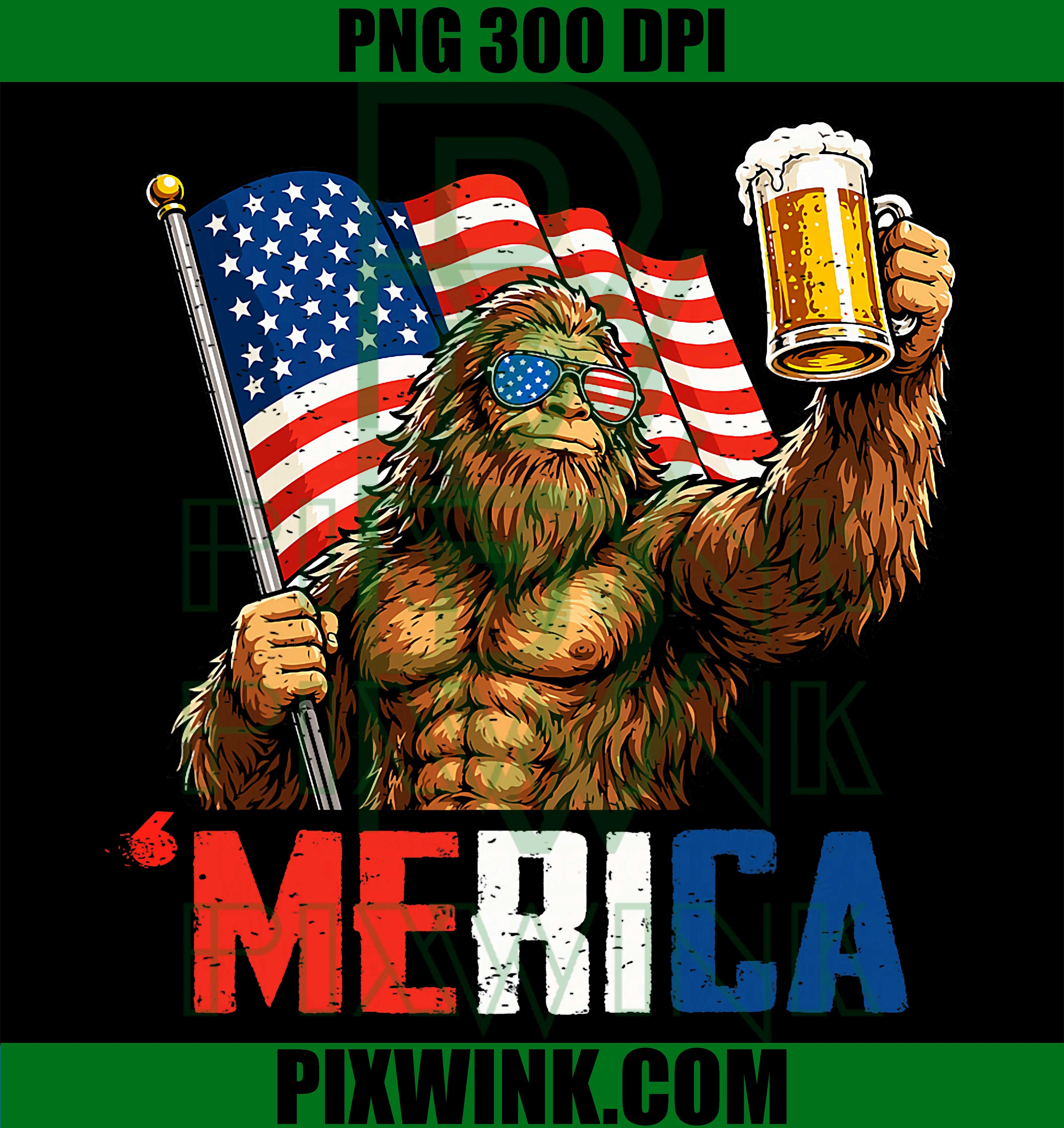 Merica Bigfoot PNG, Patriotic Beer PNG, USA Funny Dad PNG