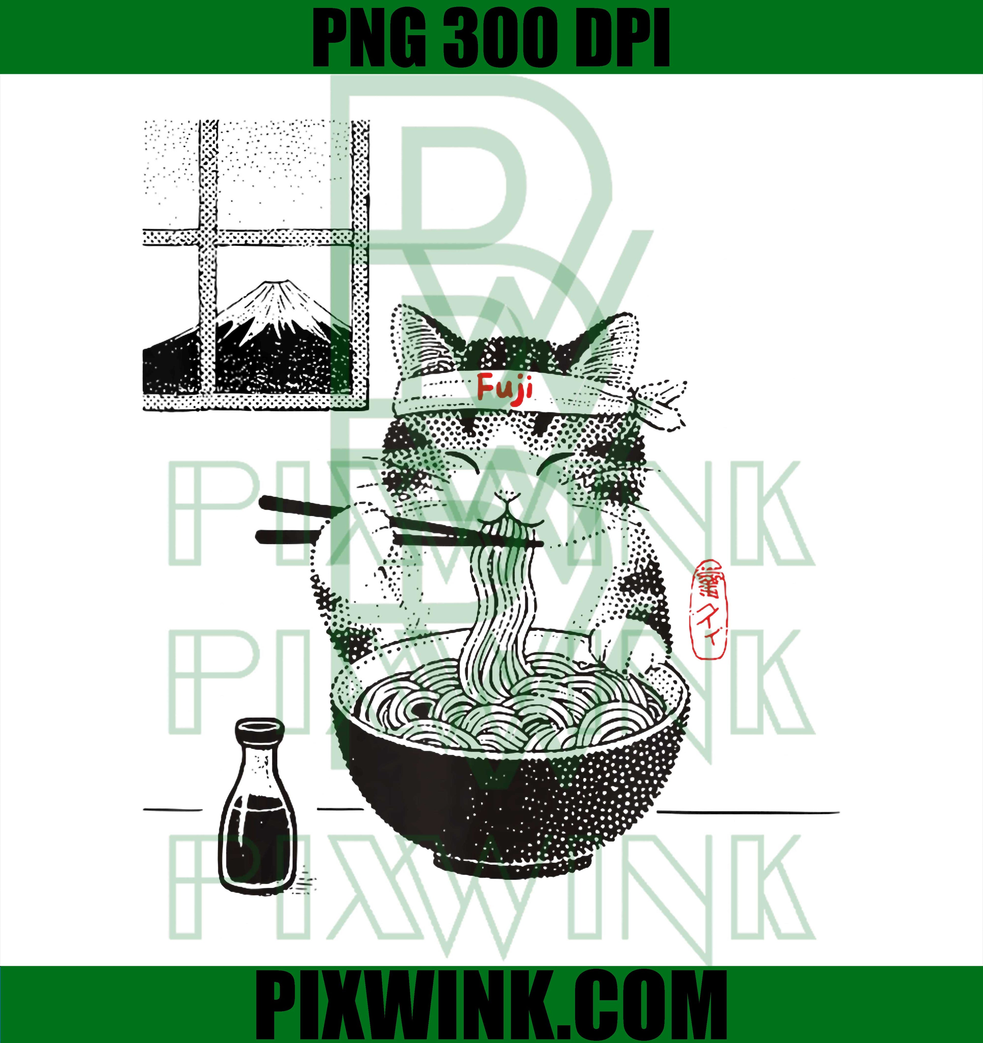 Fuji Ramen Cat, Japanese Retro Anime Style, Food PNG