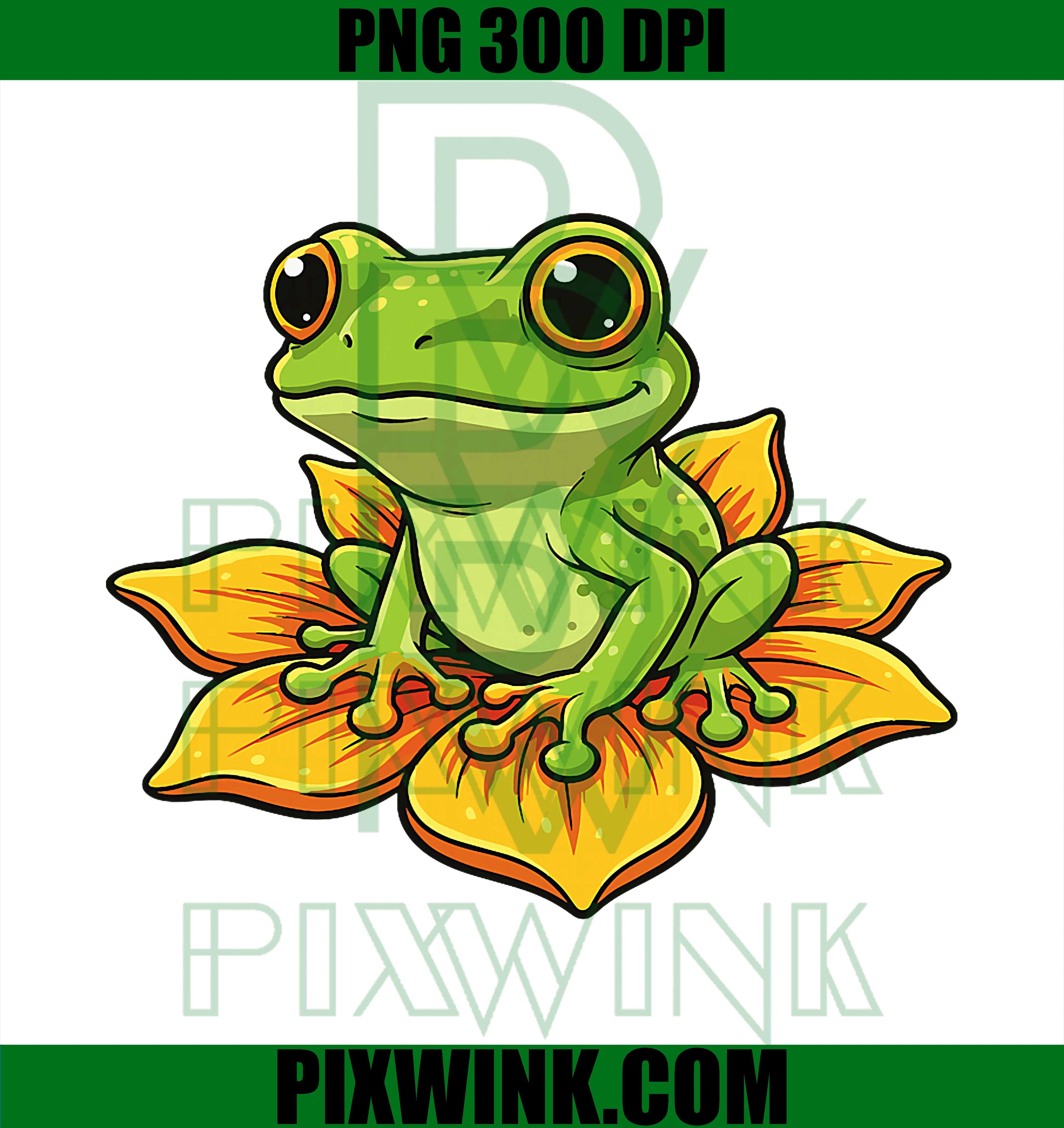 Cute Tree Frog Lotus Flower PNG, Bright Nature Frog Illustration PNG