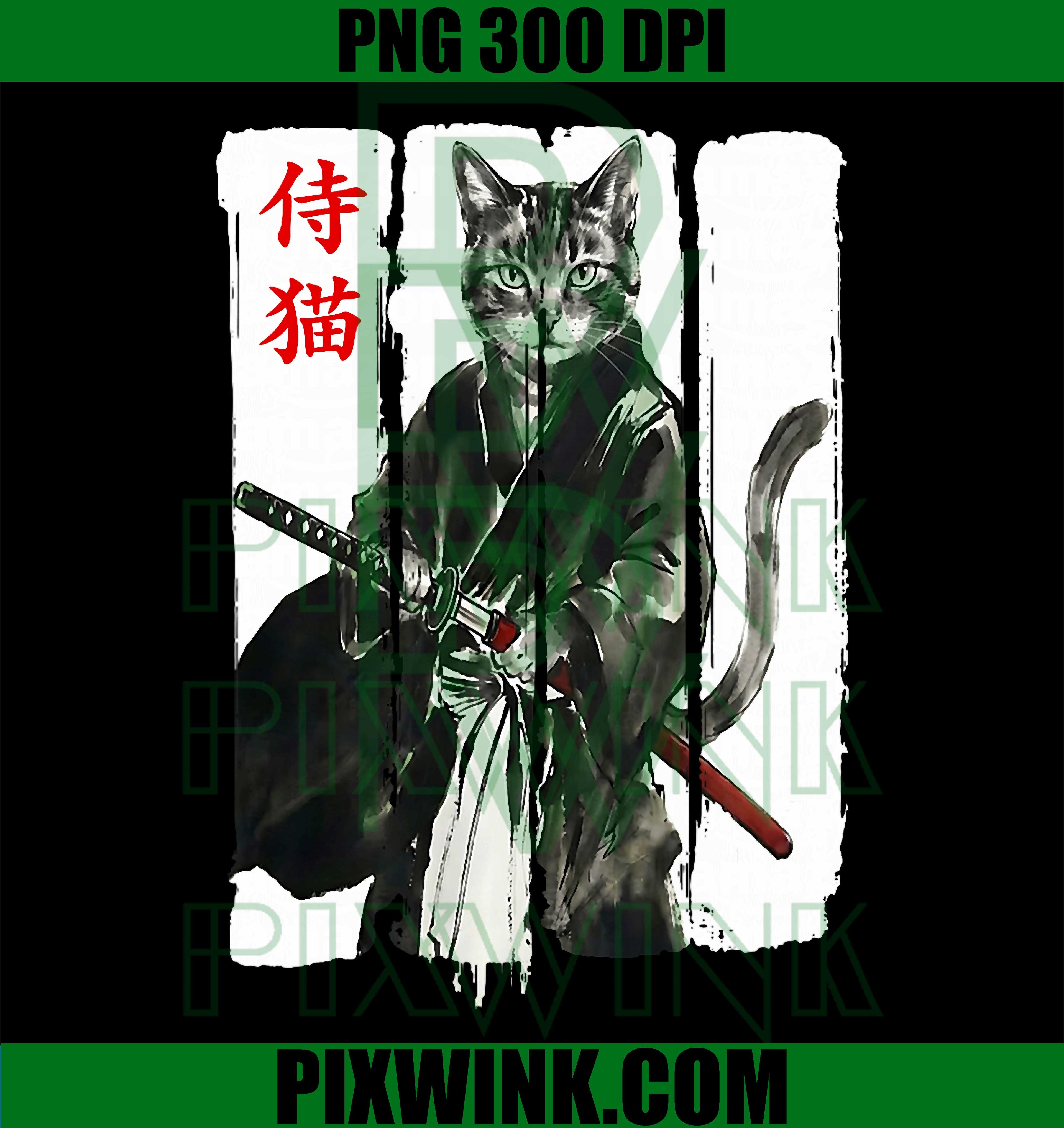 Samurai Cat Warrior PNG, Ukiyo-e Katana Art PNG