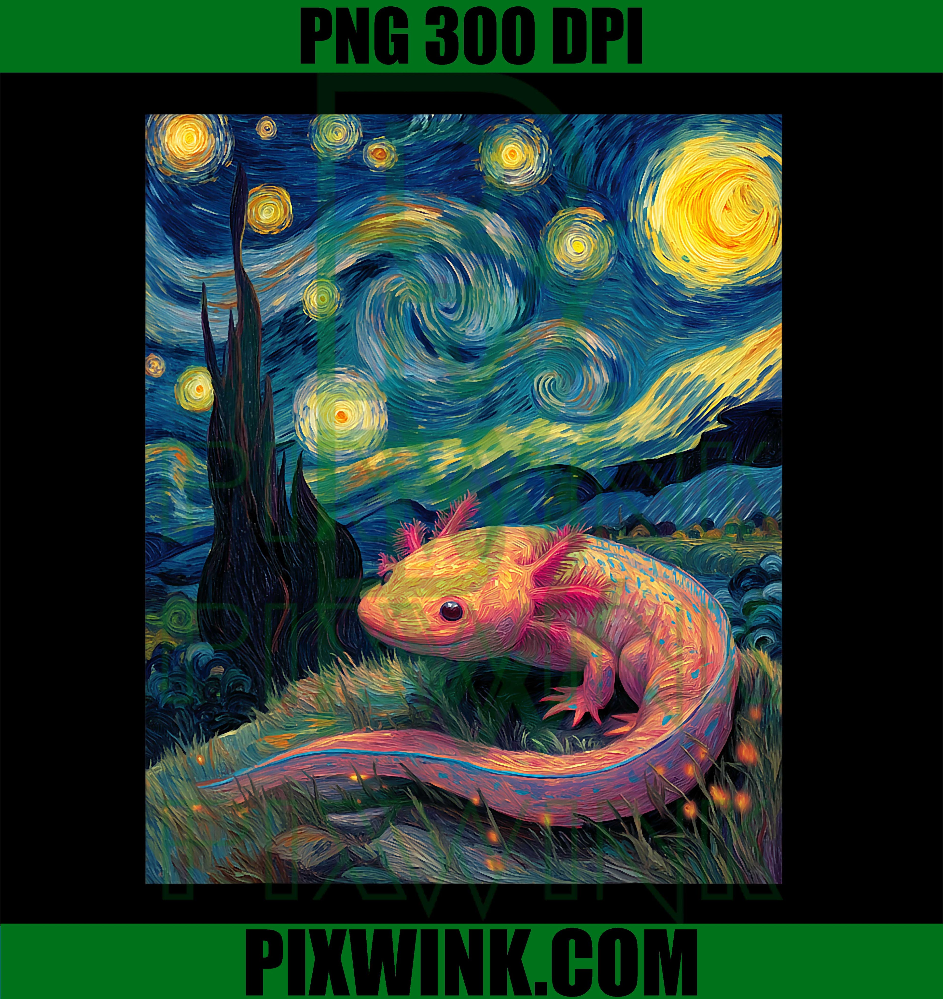 Axolotl Kawaii Van Gogh Style Starry Night Funny Graphic PNG