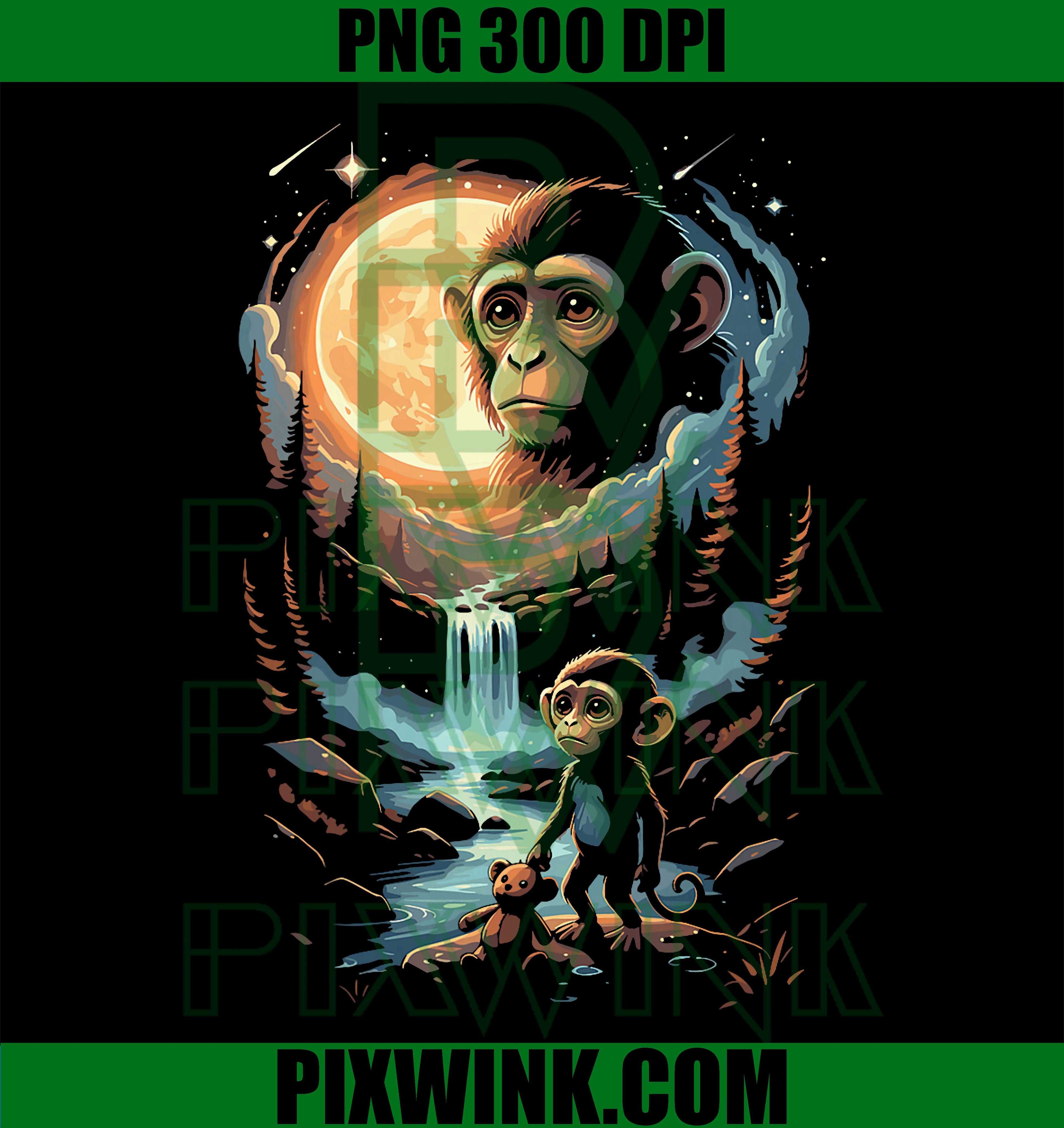 Punch The Baby Monkey Moon Night PNG, Cute Monkey Illustration Design PNG