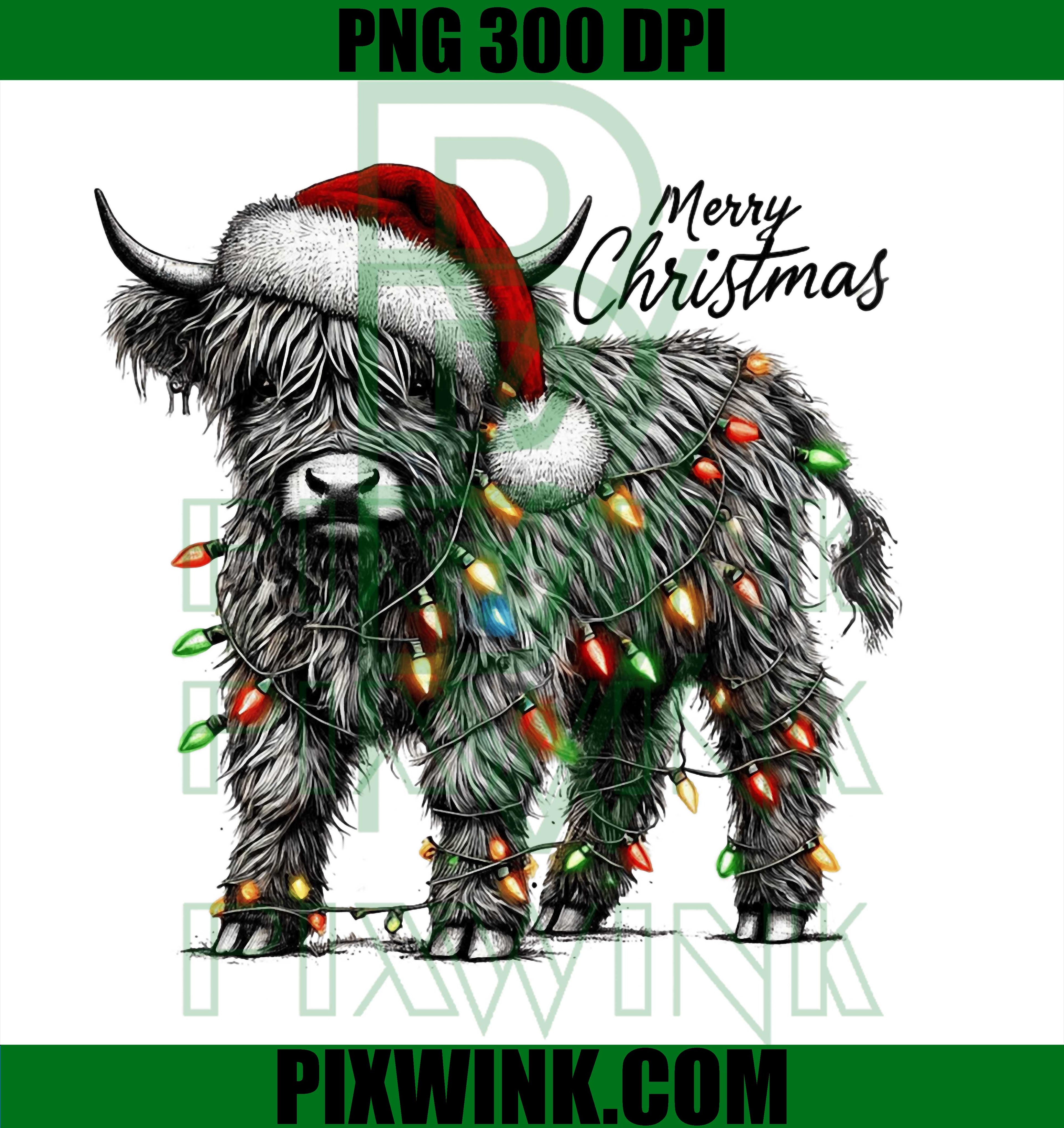 Mooey Christmas Western Highland Cow Lover Santa Hat Lights PNG