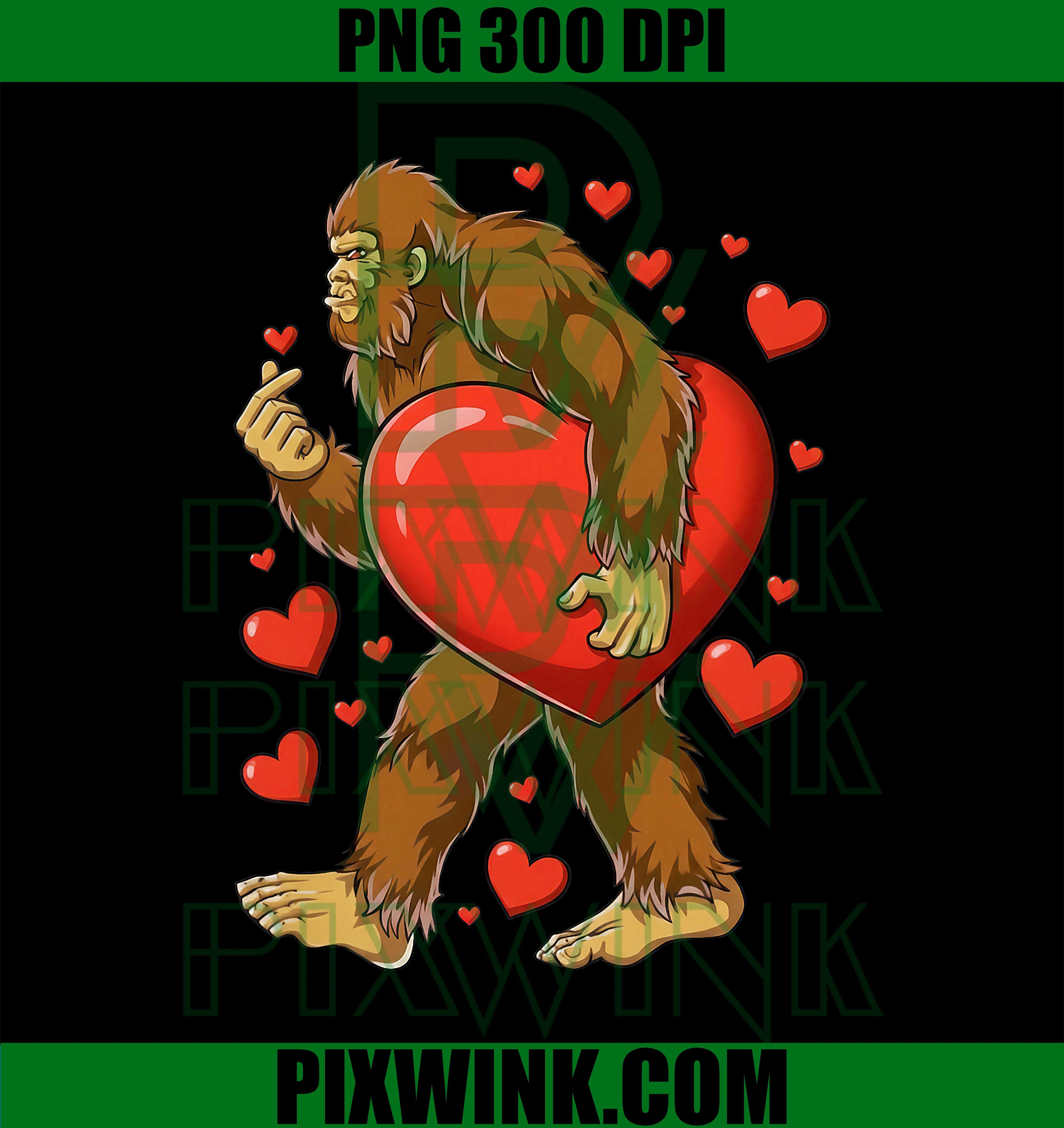 Bigfoot Valentines Day Heart, Funny Sasquatch Lovers PNG