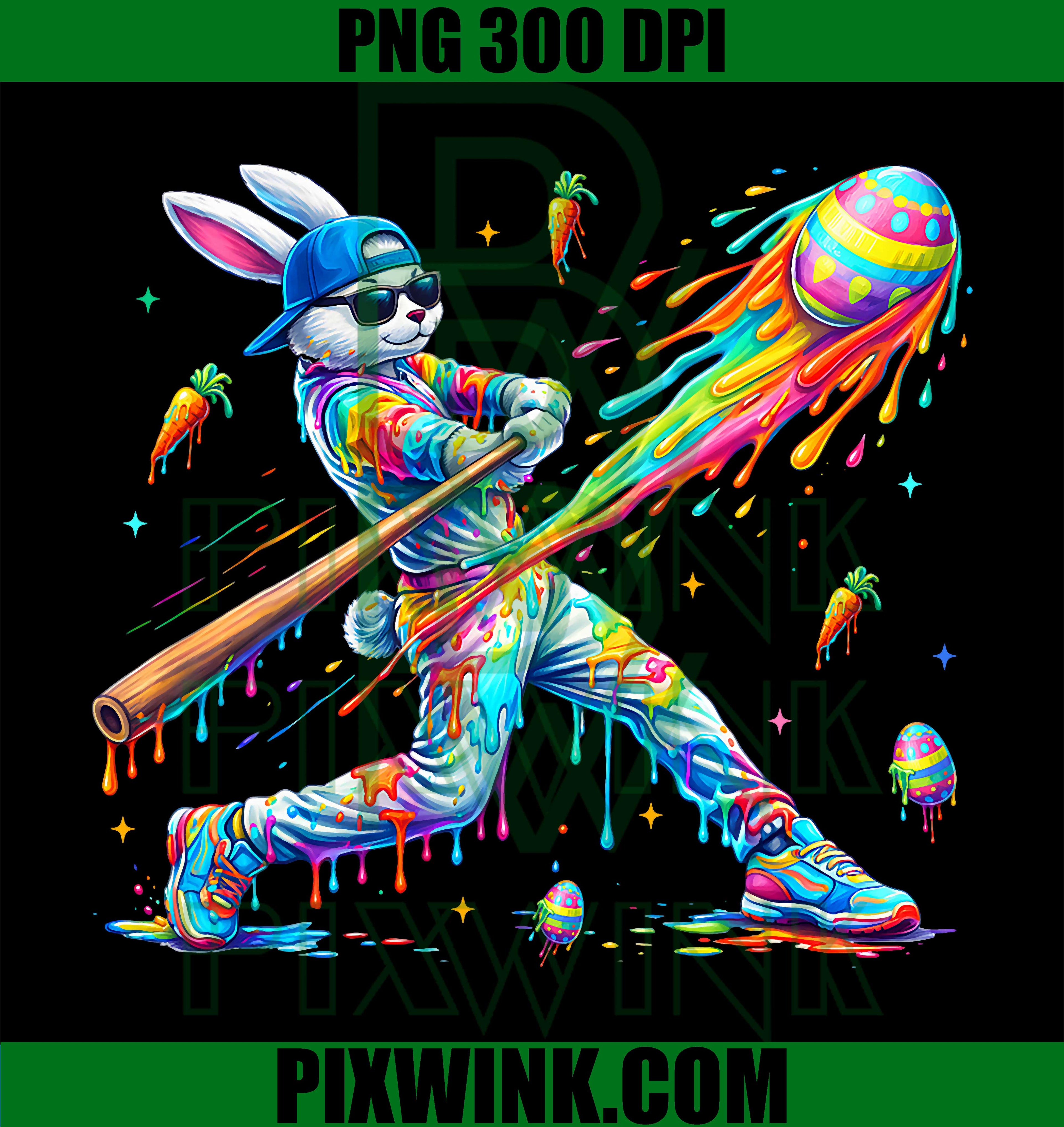 Funny Dripping Rabbit Bunny Baseball PNG, Easter Bunny Drip Style PNG