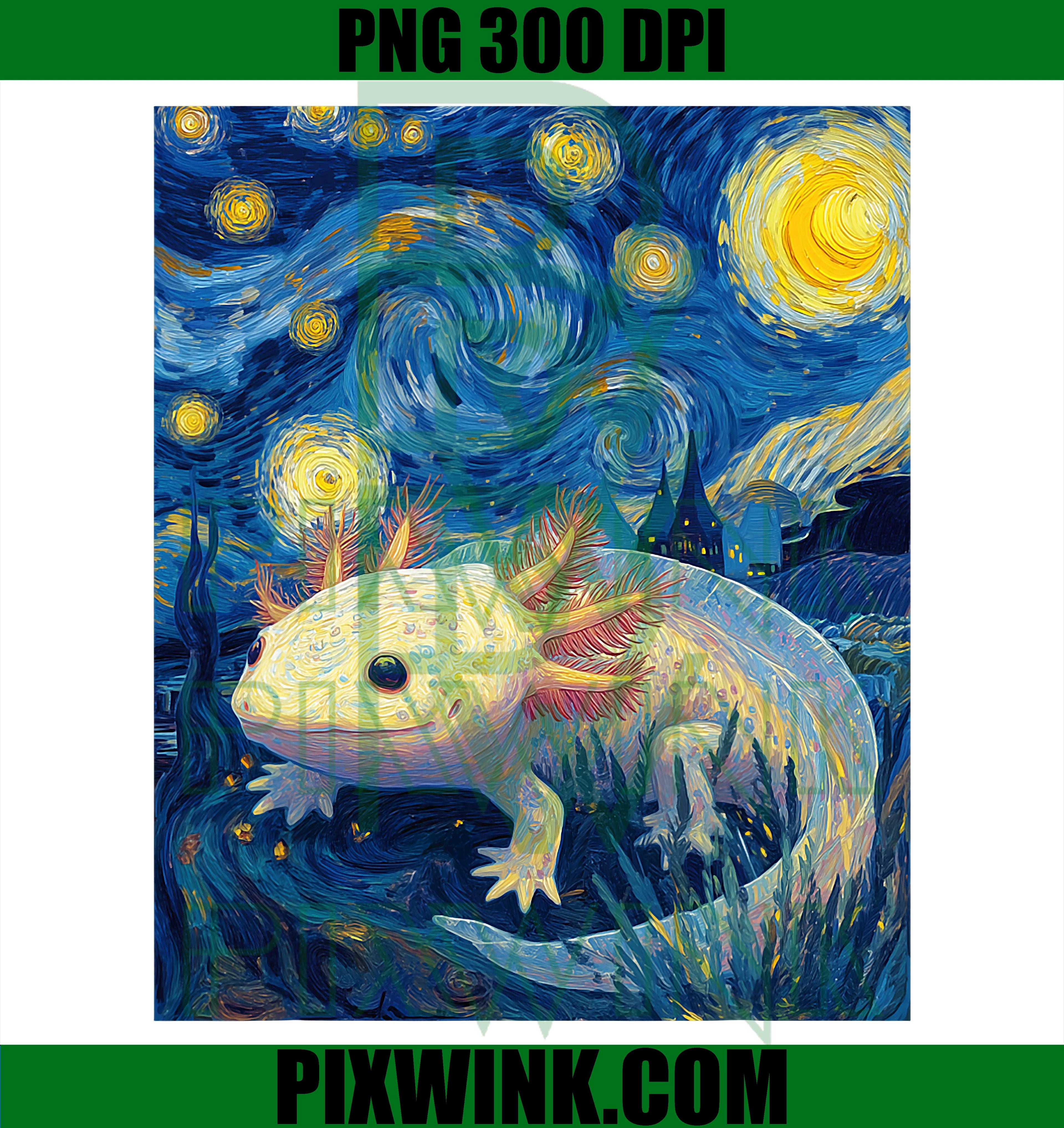 Axolotl Kawaii Van Gogh Style Starry Night Funny Graphic PNG