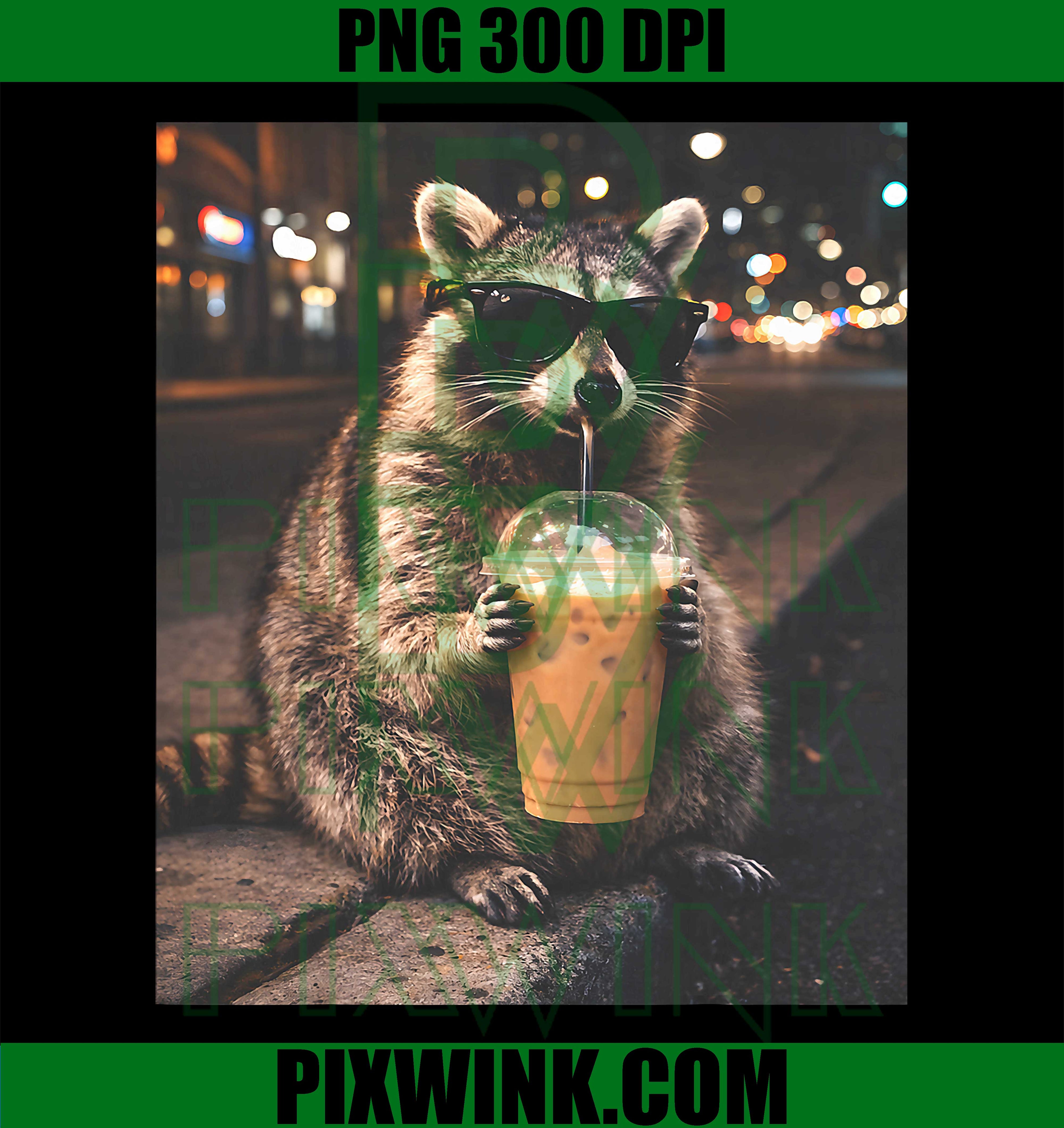 Raccoon Drinking Iced Coffee PNG, Funny Animal Meme Design PNG