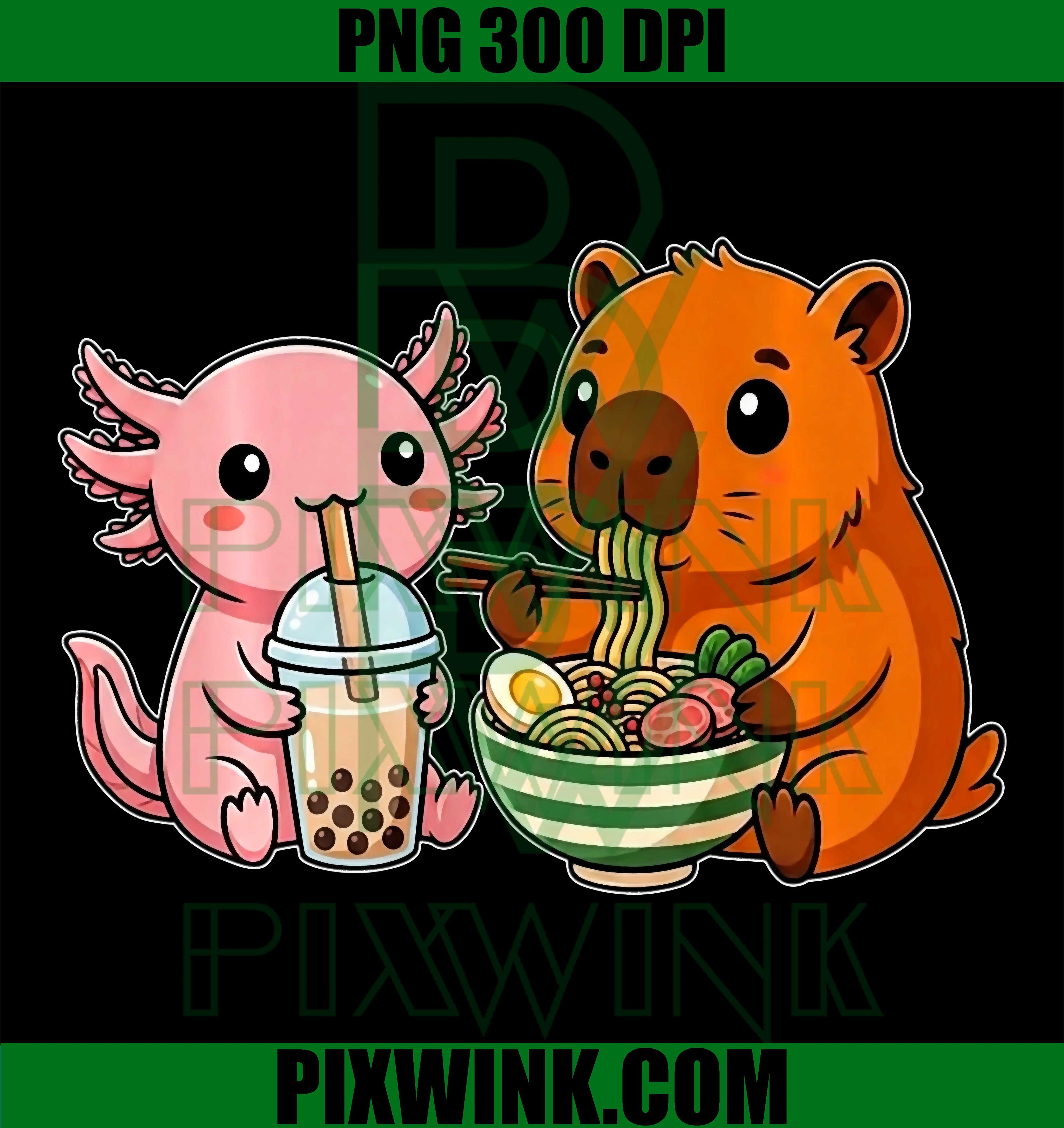 Funny Cute Axolotl and Capybara, Eating Ramen & Boba Tea PNG