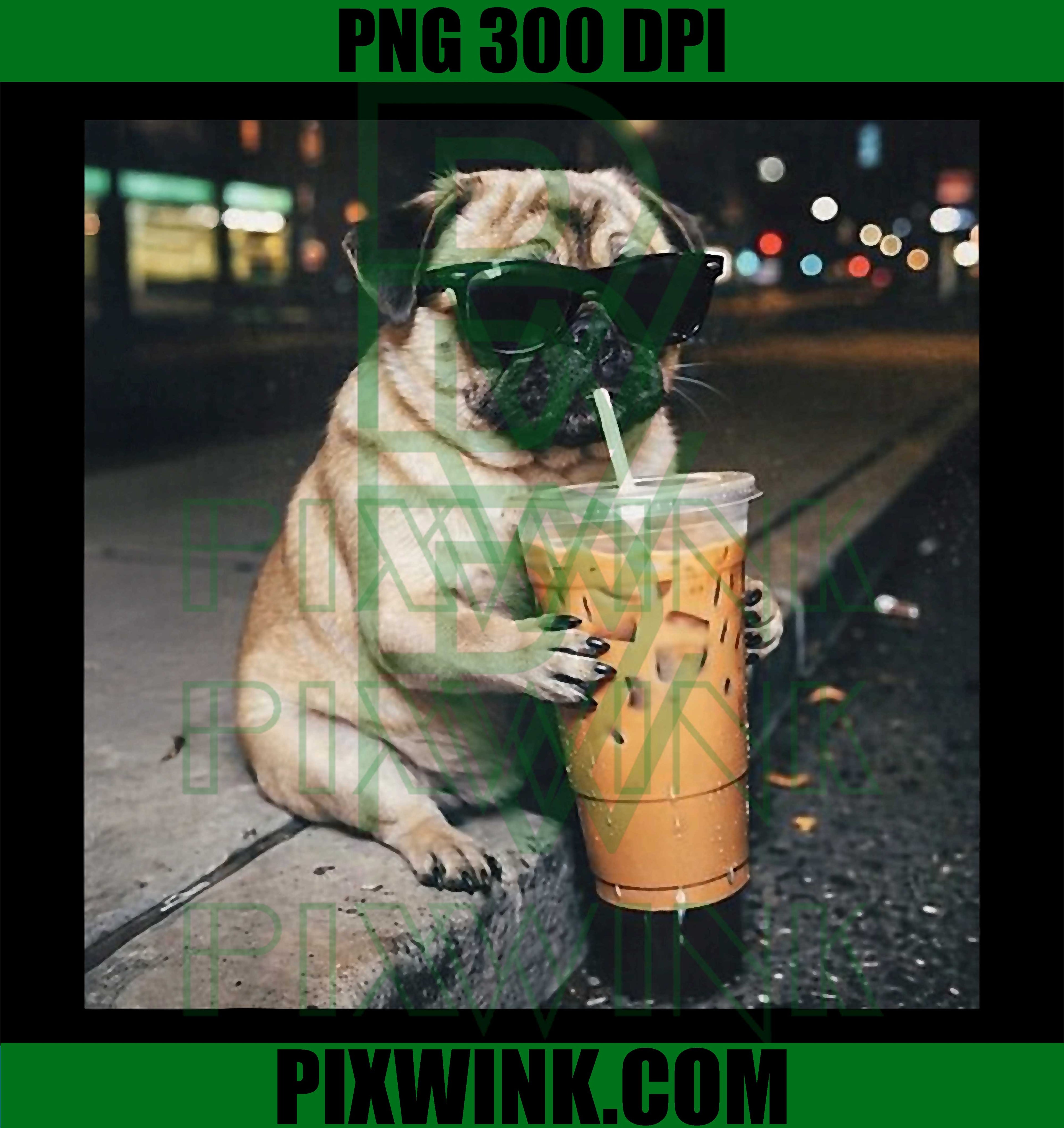 Pug Iced Coffee PNG, Cute Pug Coffee PNG, Coffee Lover Pug PNG