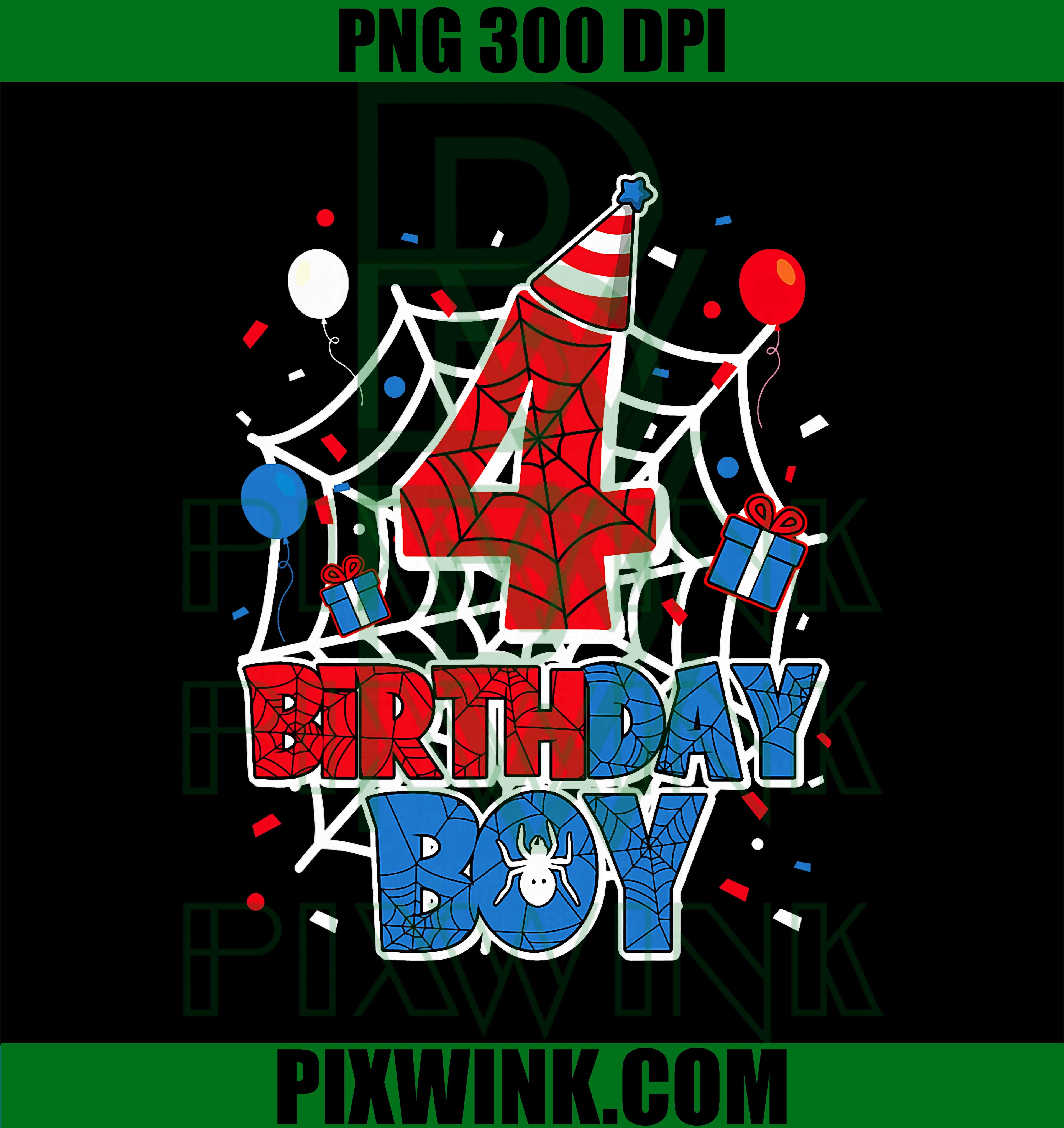 Birthday Boy 4 Year Old Spiders, 4th Birthday Kids PNG