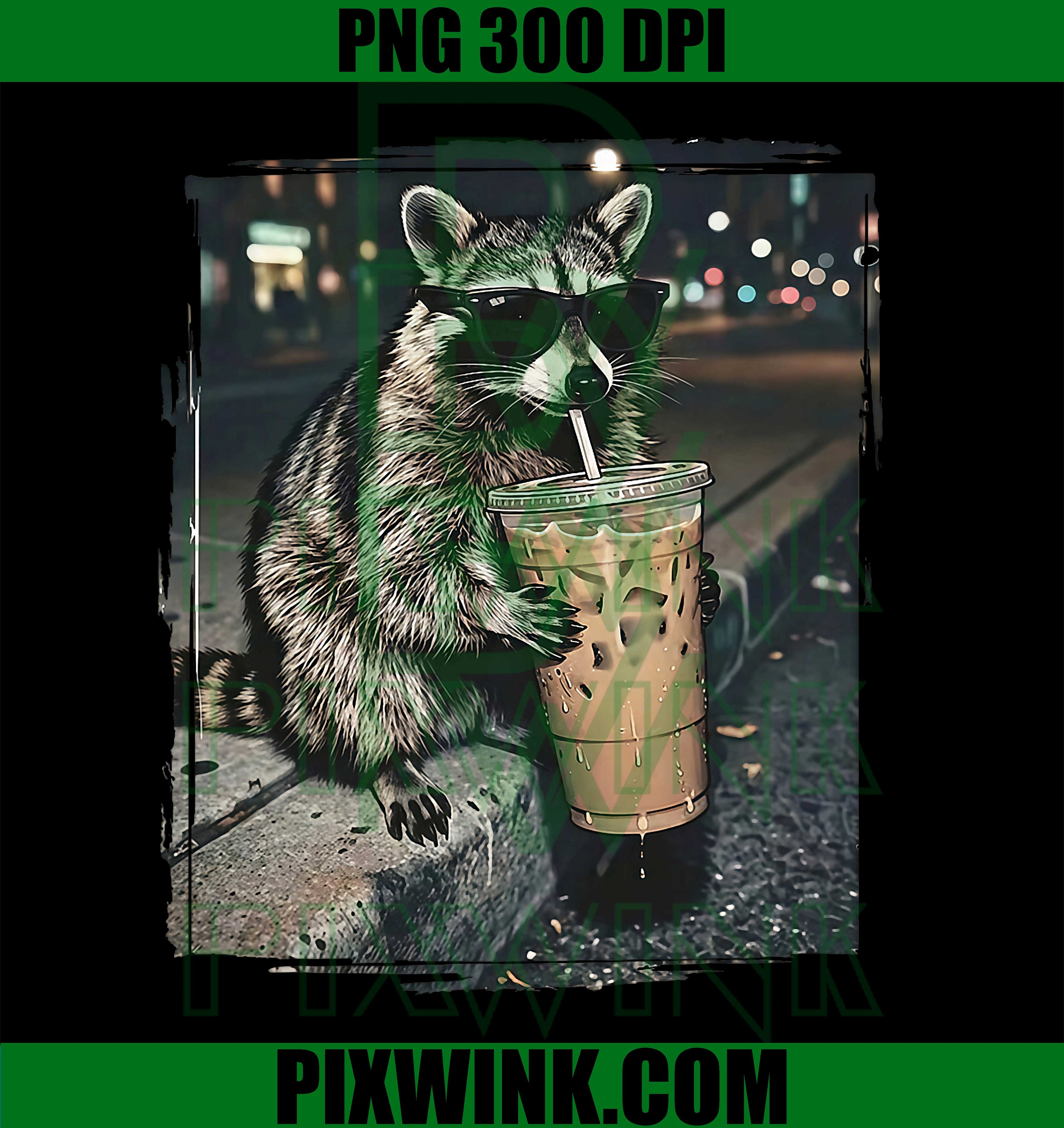 Raccoon Drinking Iced Coffee PNG, Funny Animal Meme Shirt Design PNG