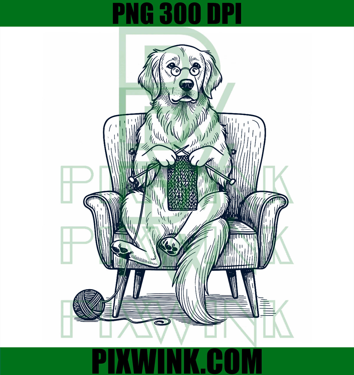 Vintage Golden Retriever Dog Knitting, Knit Lover PNG, Dog Art PNG