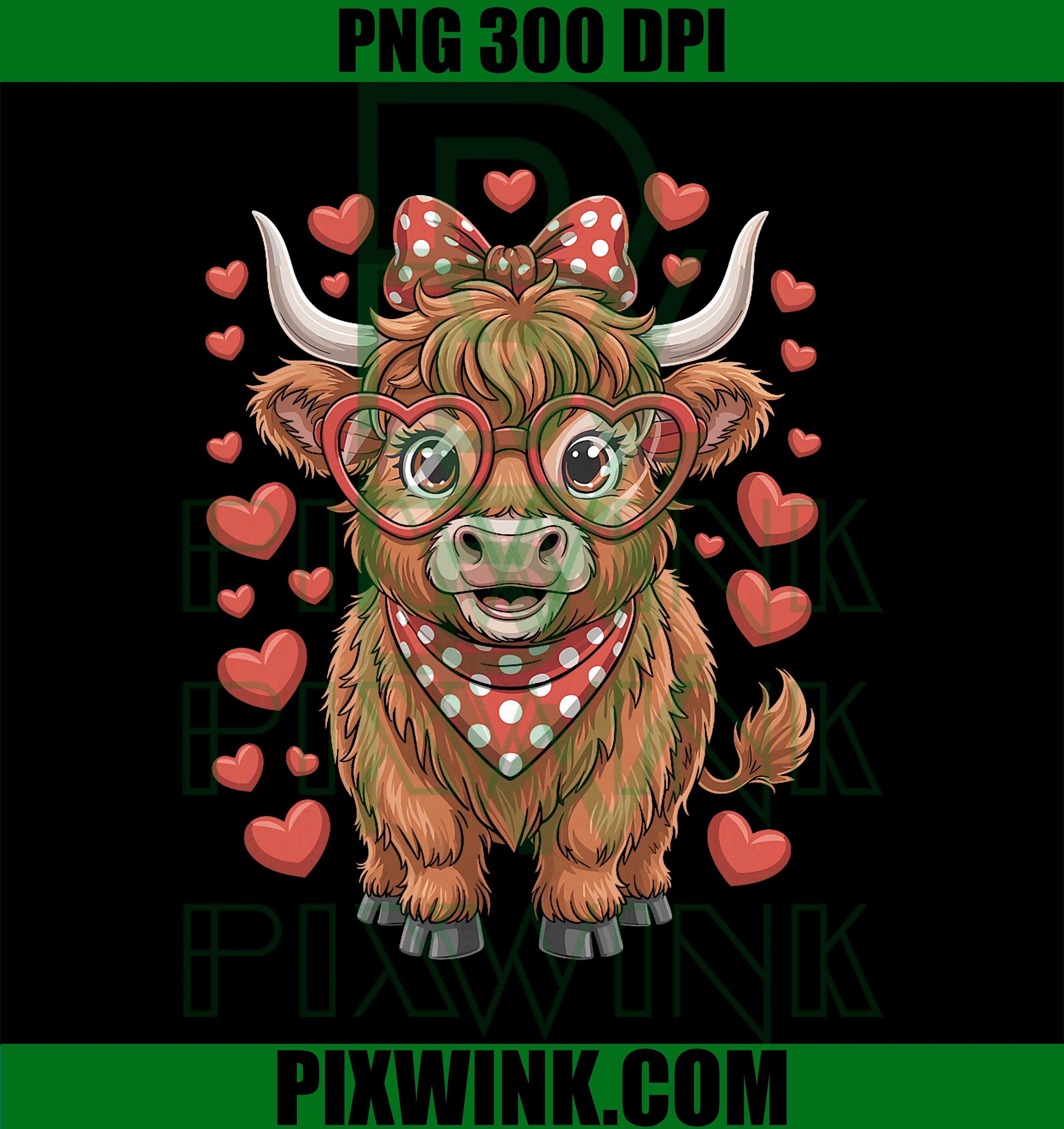 Cute Highland Cow Heart Glasses Love Theme PNG