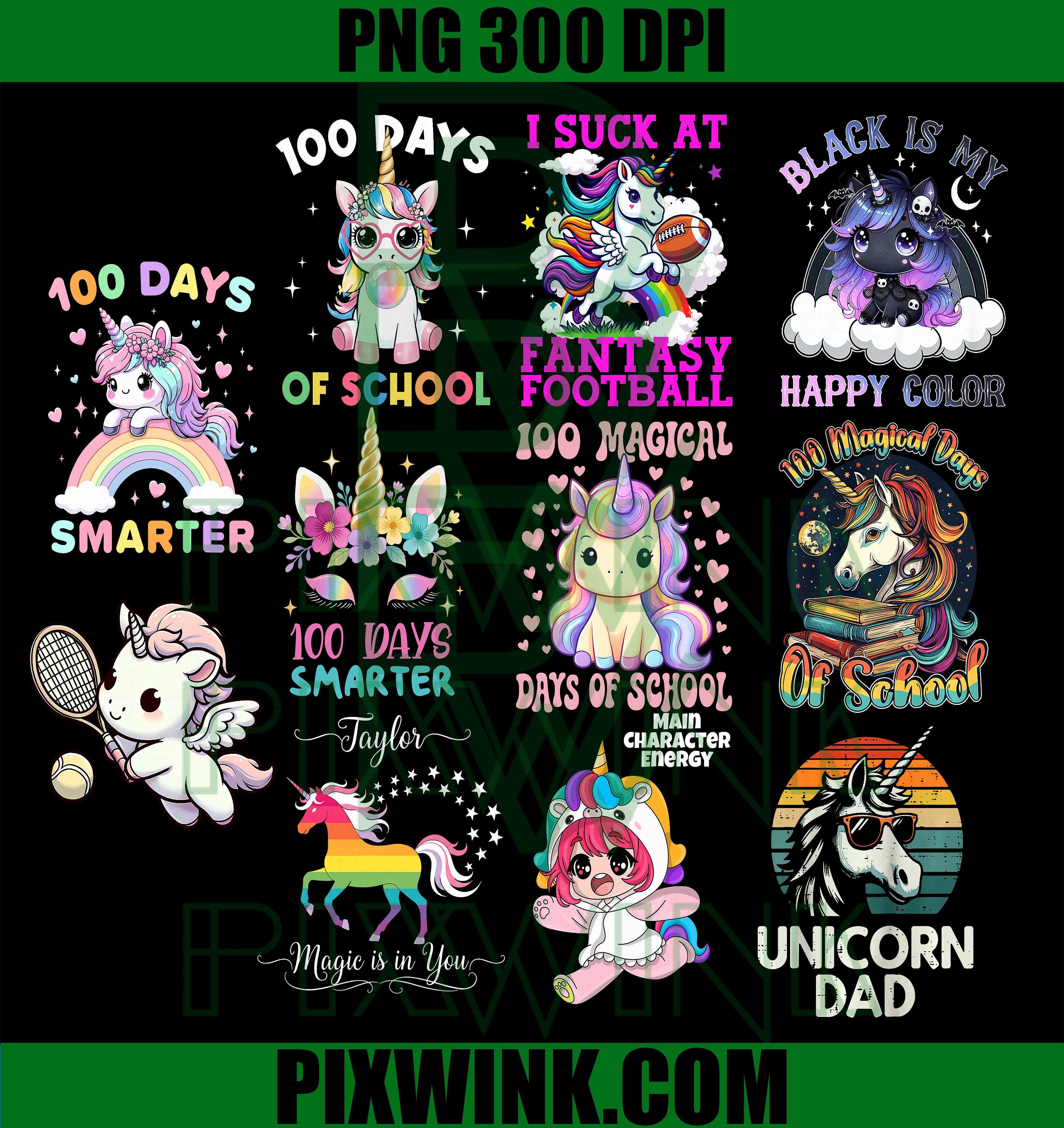 100 Days of School Unicorn PNG Bundle Digital PNG Clipart Set
