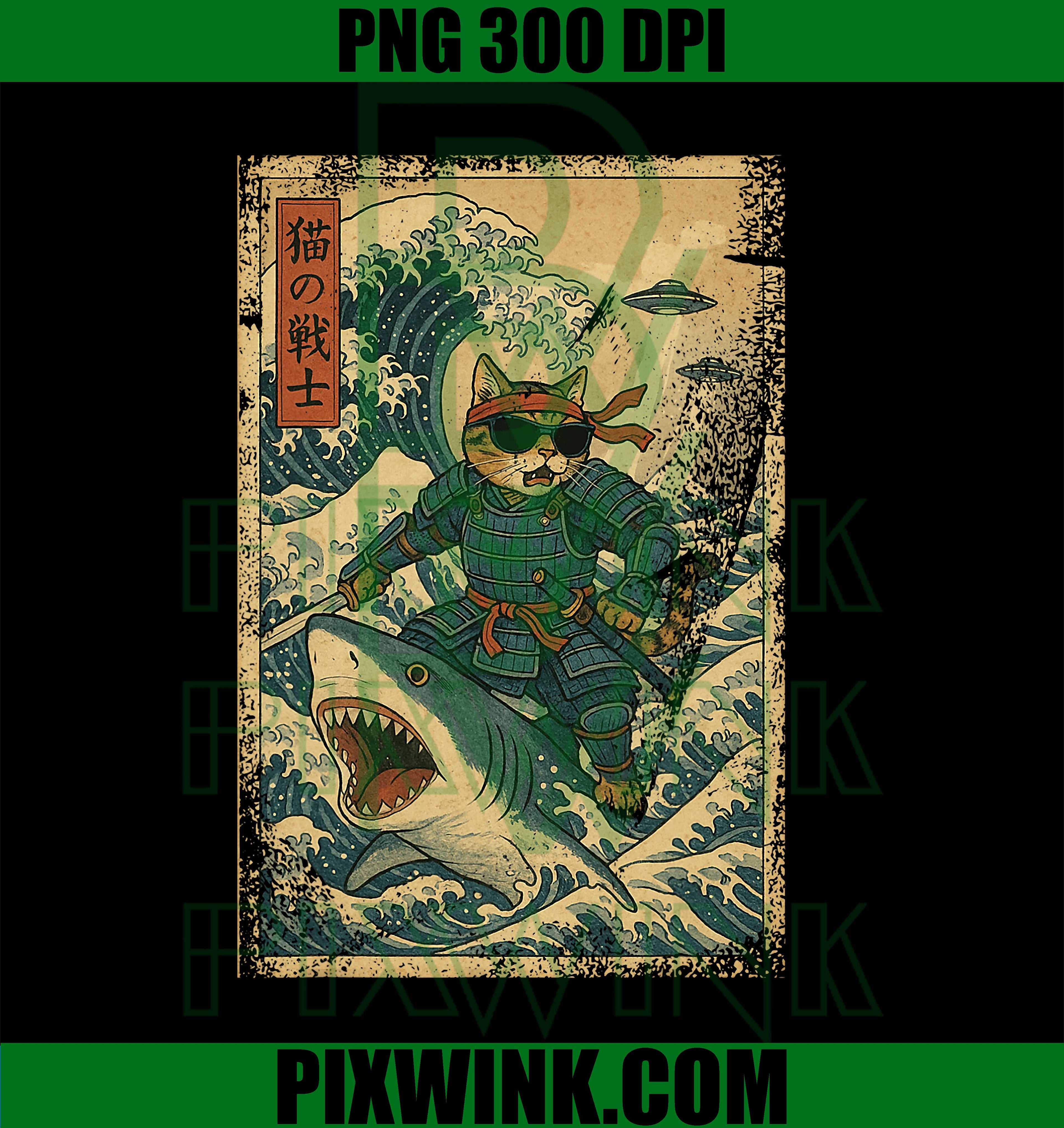 Samurai Cat Riding Shark Retro Wave Warrior, Funny Japanese PNG