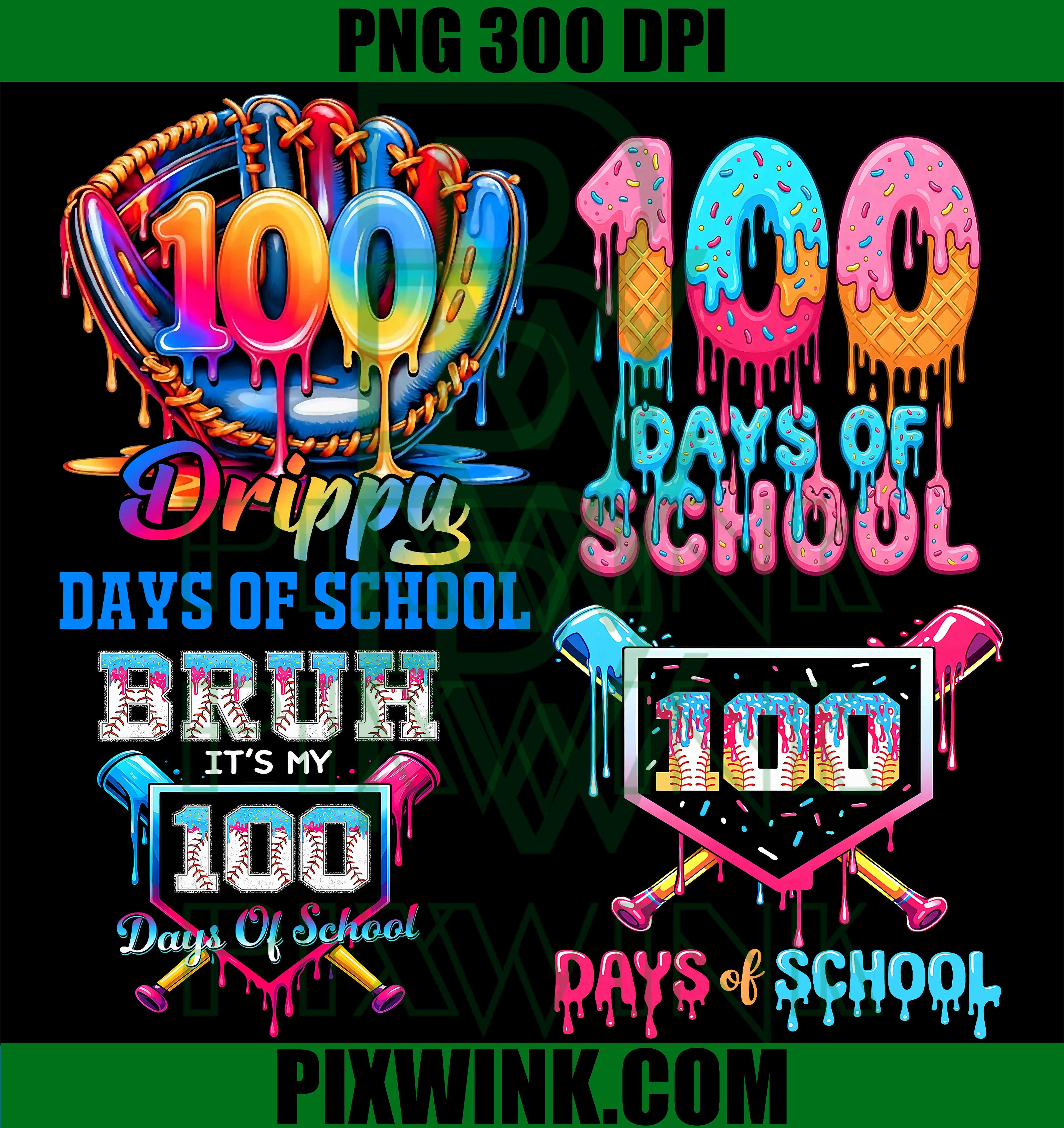 100 Days of School Drip PNG Bundle, Baseball Theme Design PNG