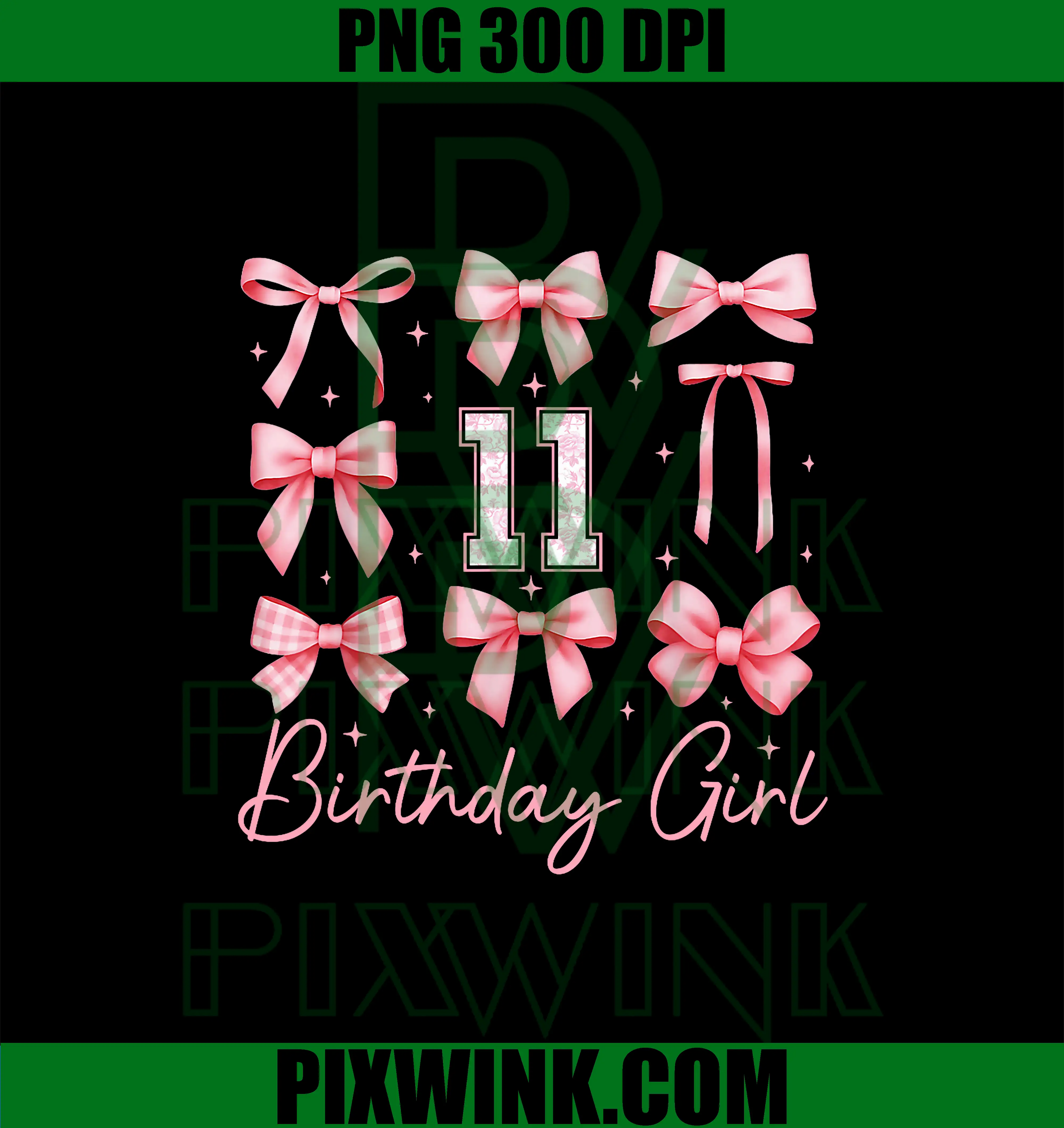 11th Birthday Girl PNG, Coquette Bow Floral Toile 11 Year Old PNG