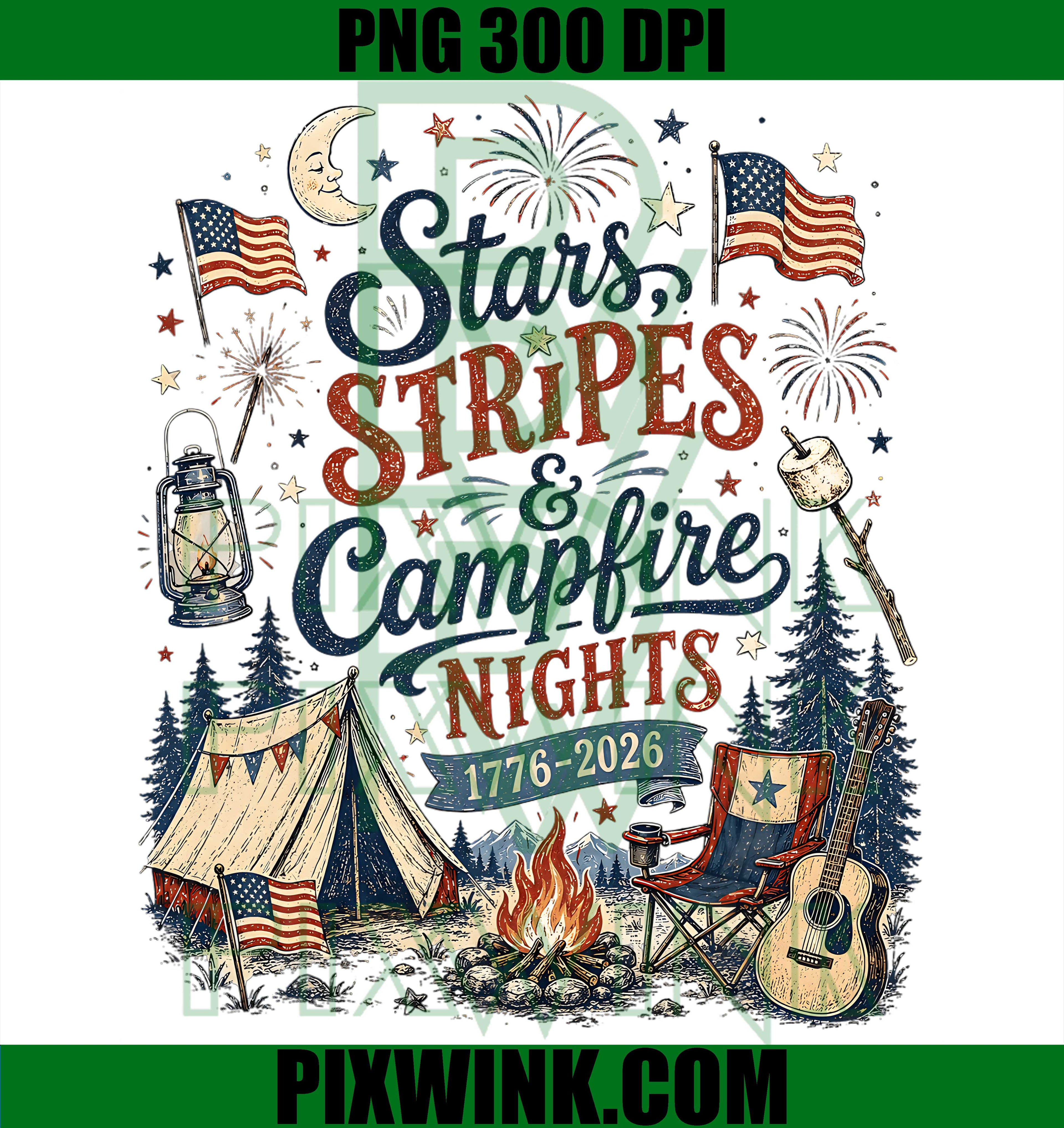Stars Stripes Campfires Patriotic PNG, Camping 1776 2026 USA PNG