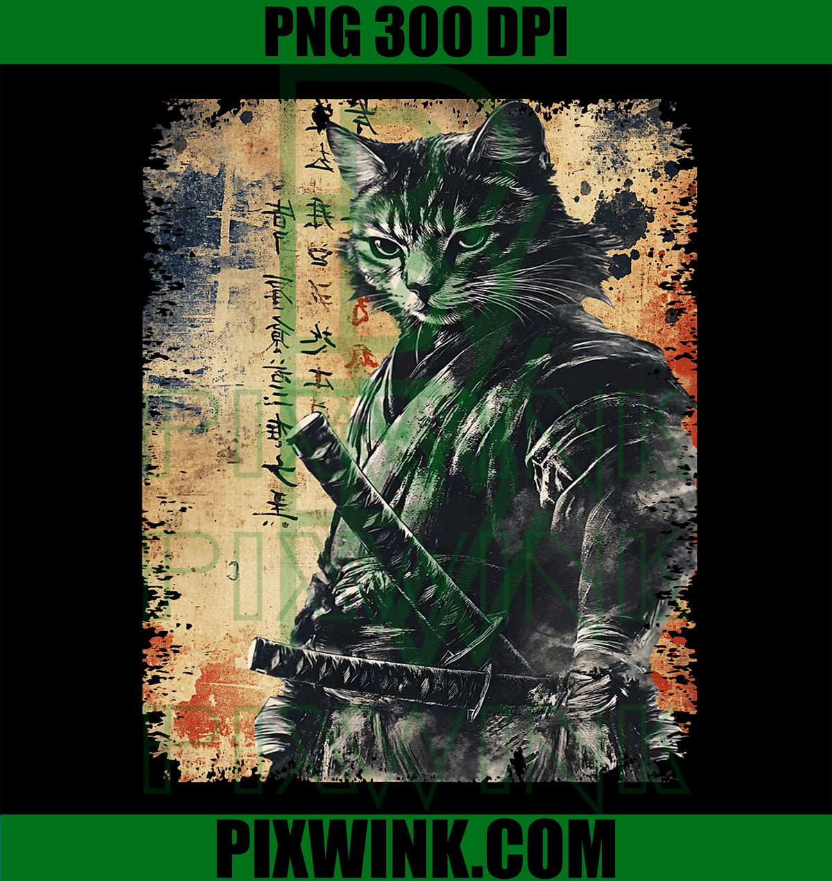 Samurai Cat Graphic PNG, Warrior Vintage Japanese Art Anime PNG