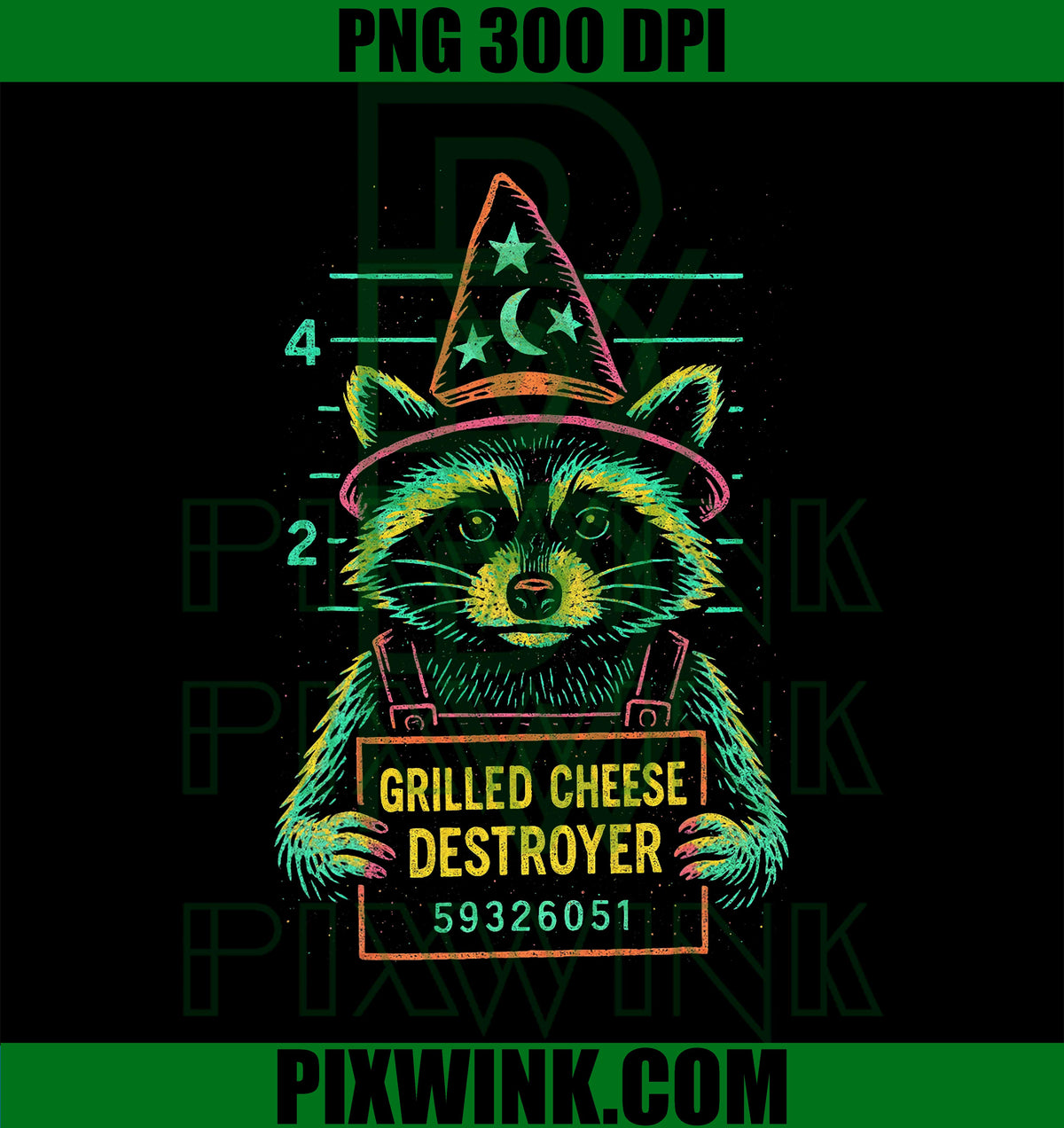 Grilled Cheese Destroyer PNG, Funny Wizard Raccoon Mug Shot PNG