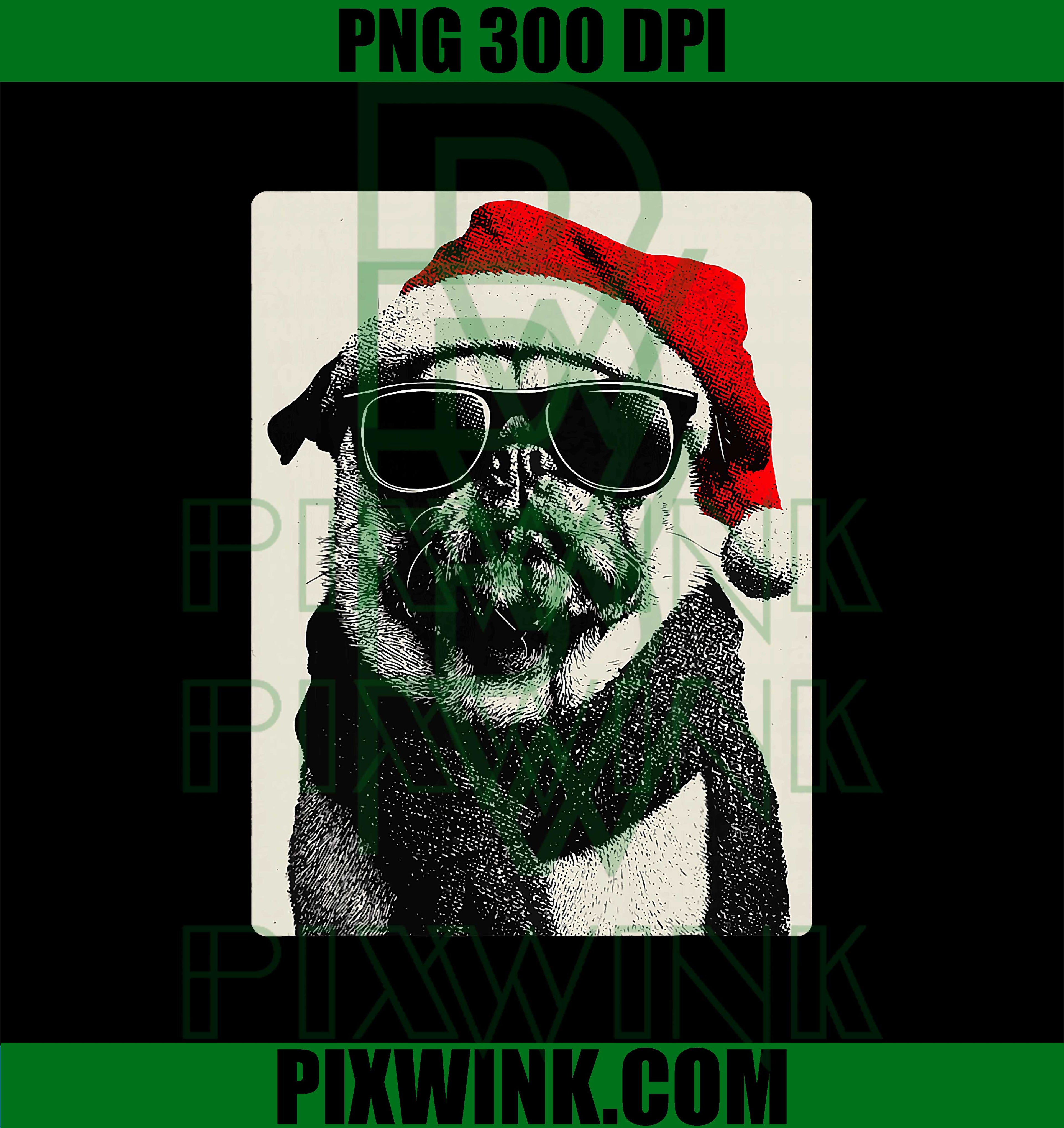 Christmas Pug with Sunglasses Santa Hat PNG
