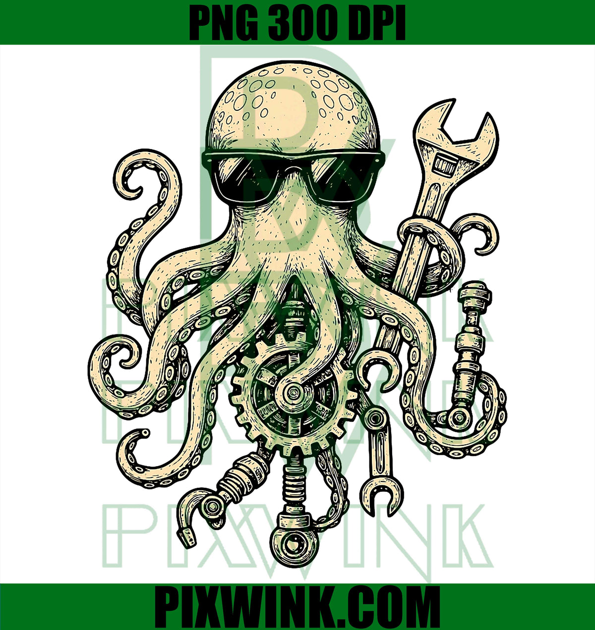 Vintage Octopus Mechanic Engineer, Garage PNG, Sea Animal Car PNG