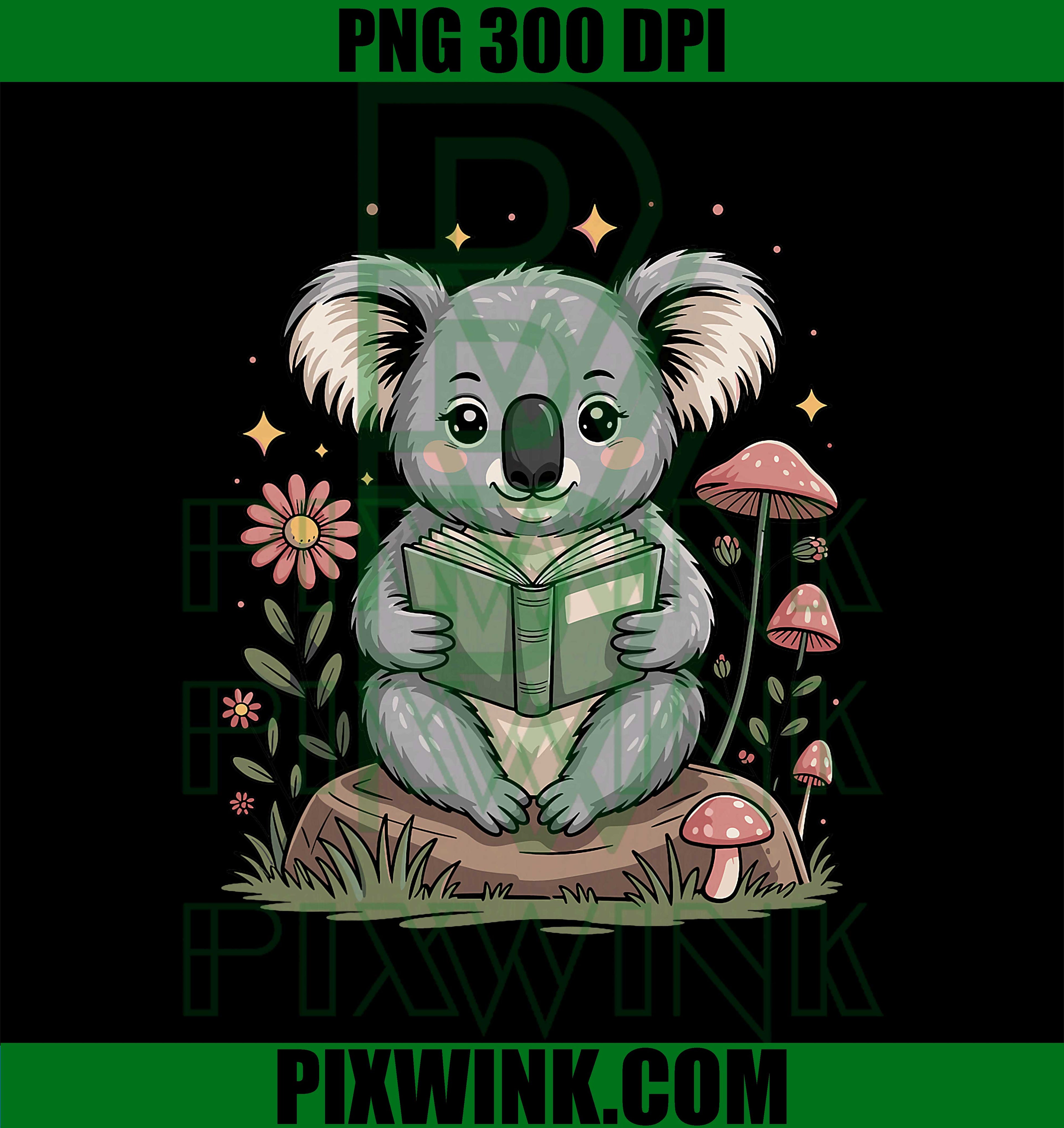 Cute Koala Bear Reading Book Cottagecore Aestetic PNG