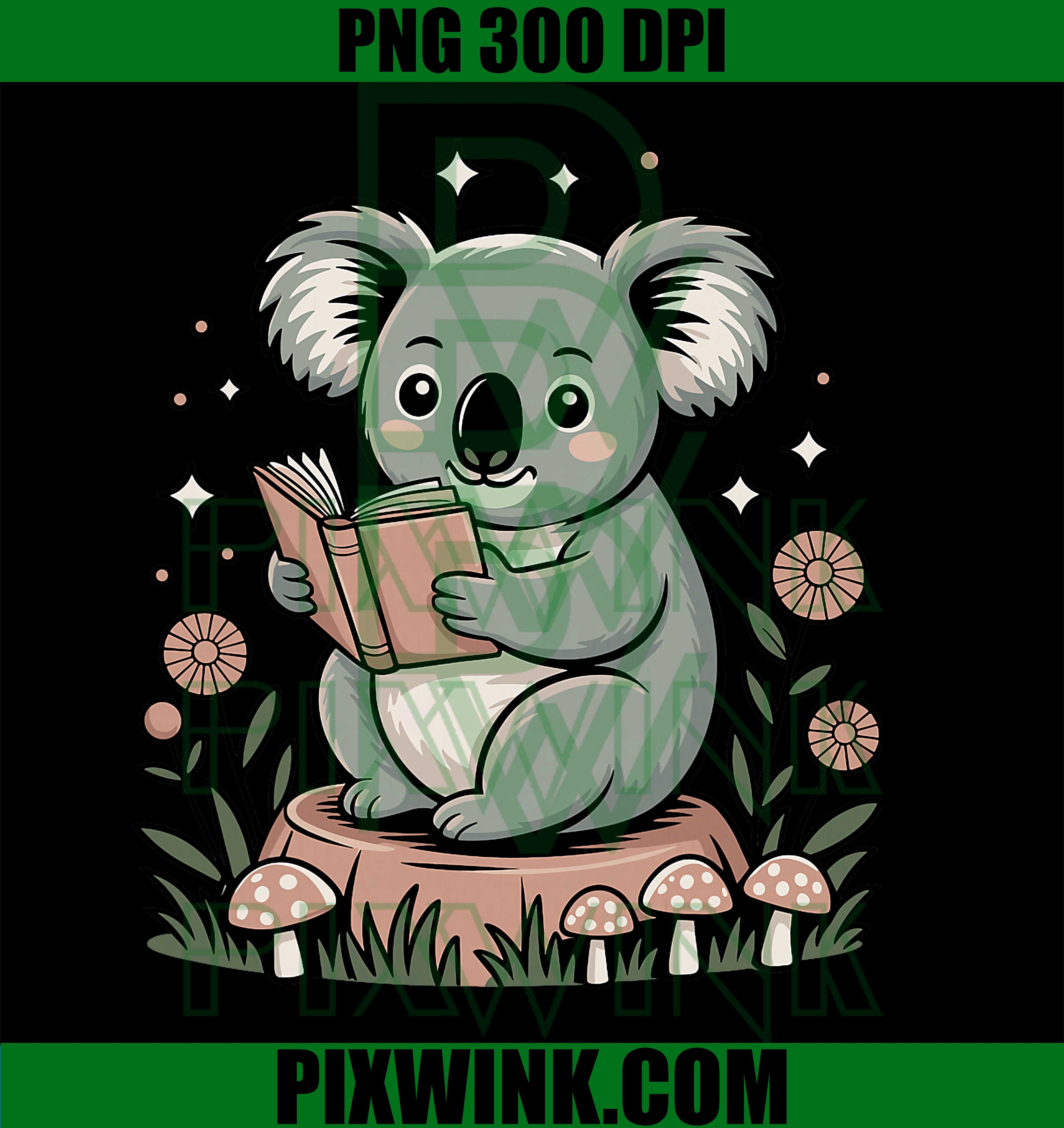 Cute Koala Bear Reading Book Cottagecore Aestetic PNG