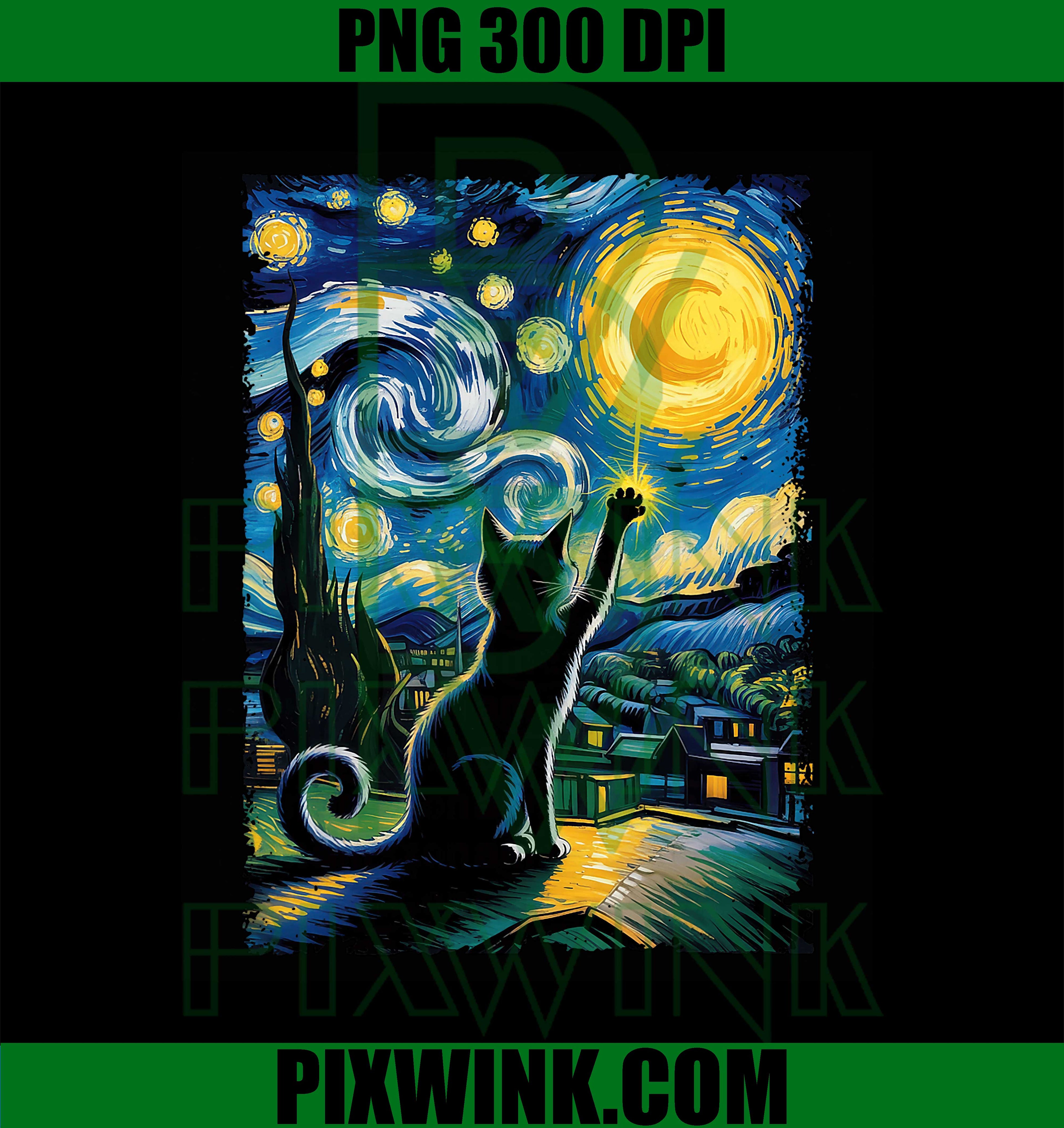 Black Cat Sky Starry Night Van Gogh Cat, Cat Mom, Cat Dad PNG