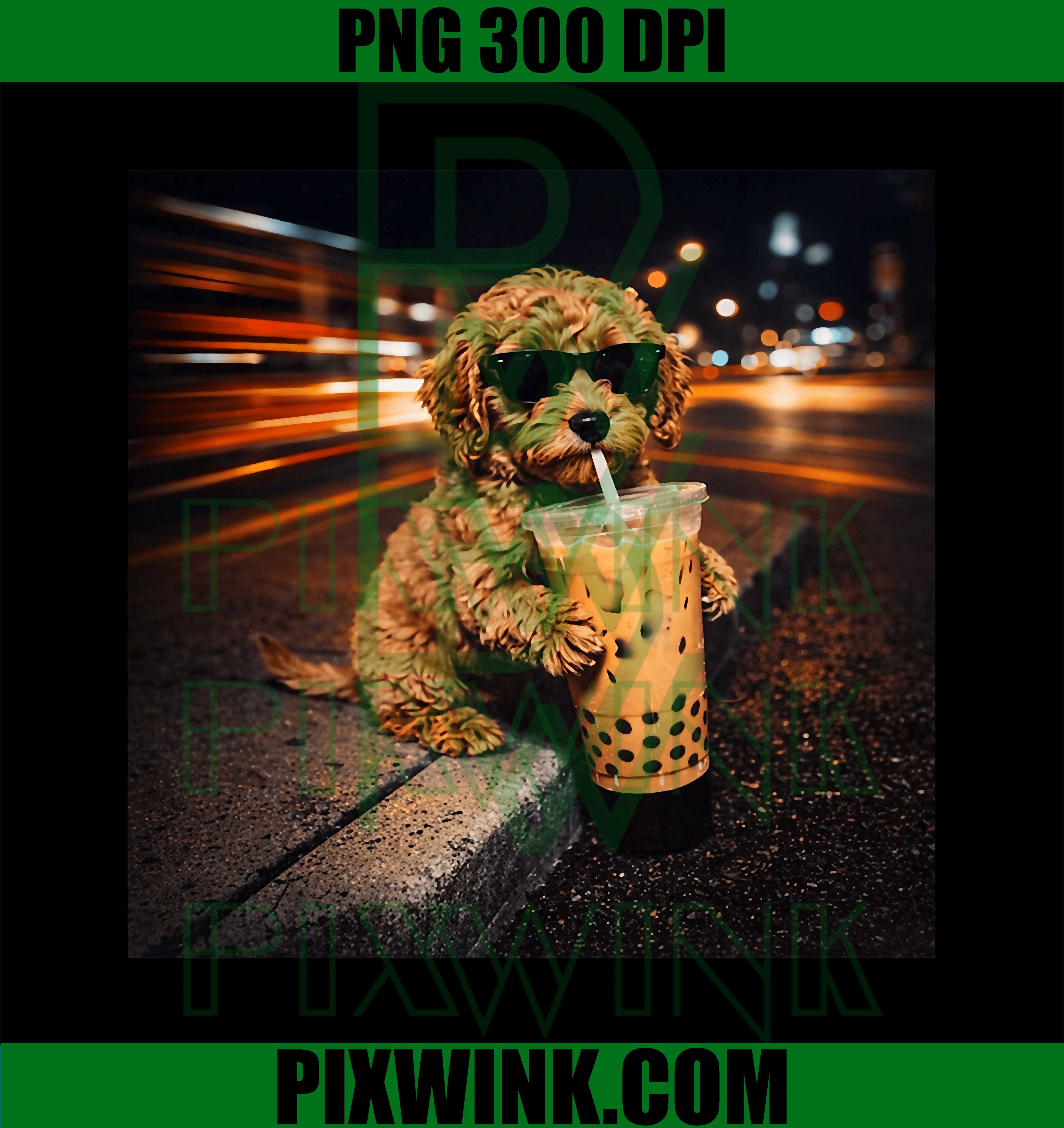 Funny Goldendoodle Drinking Iced Coffee PNG, Cute Dog Meme Humor PNG